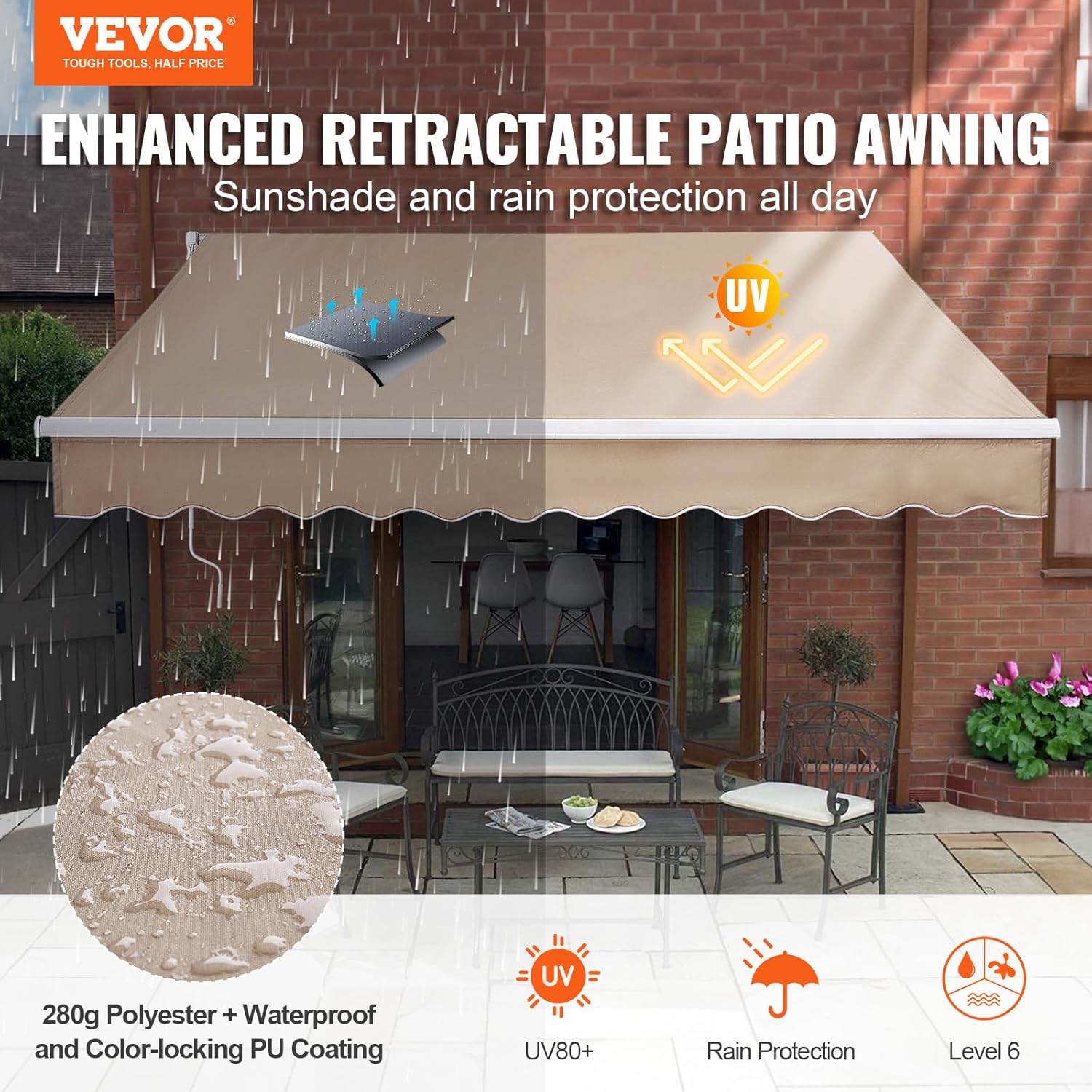 VEVOR Manual Retractable Awning, 12 x 10 ft Outdoor Patio Awning Retractable Sun Shade, Patio Door Window Water-Resistant Polyester Awning Sunshade Shelter with Crank Handle for Balcony, Backyard