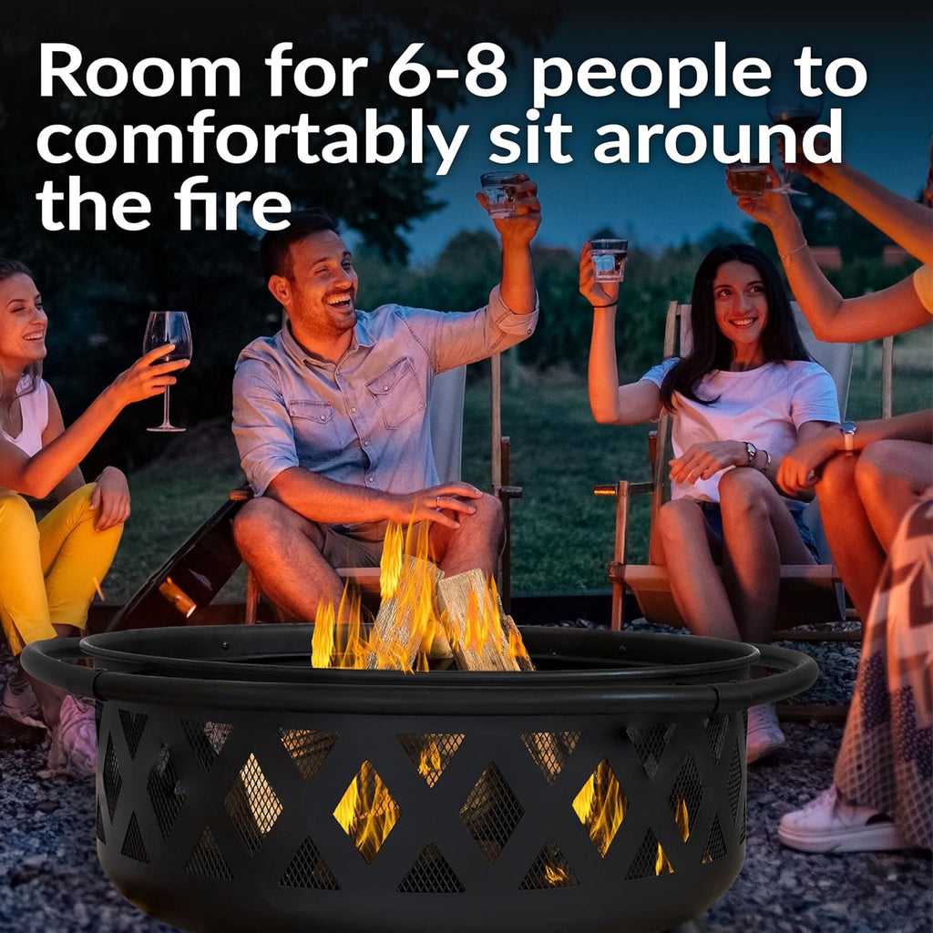 Sunnydaze Crossweave Outdoor Fire Pit - Wood-Burning Fire Pit for Outside with Spark Screen, Poker and Round Cover - 36-Inch - Black
