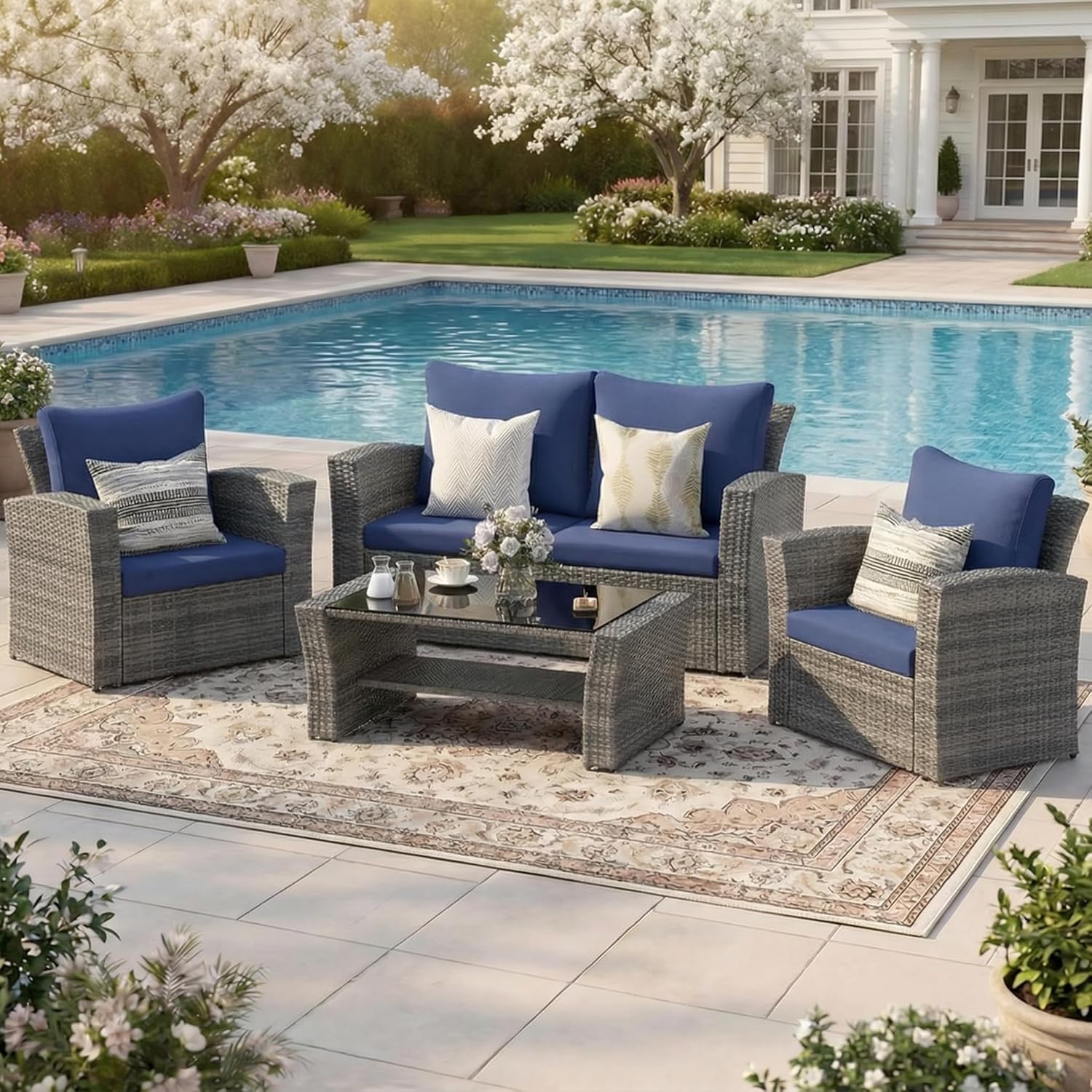 Wisteria Lane 4 Piece Patio Furniture Set, Wicker Outdoor Patio Conversation Furniture Set, All Weather Outdoor Patio Sofa with Cushion and Glass Table, Brown