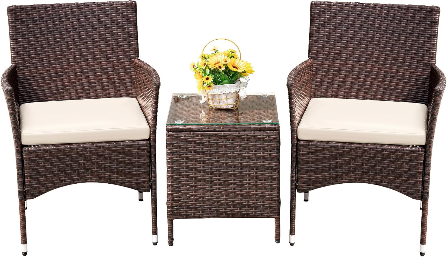 Devoko Patio Porch Furniture Sets 3 Pieces PE Rattan Wicker Chairs with Table Outdoor Garden Furniture Sets (Brown/Beige)