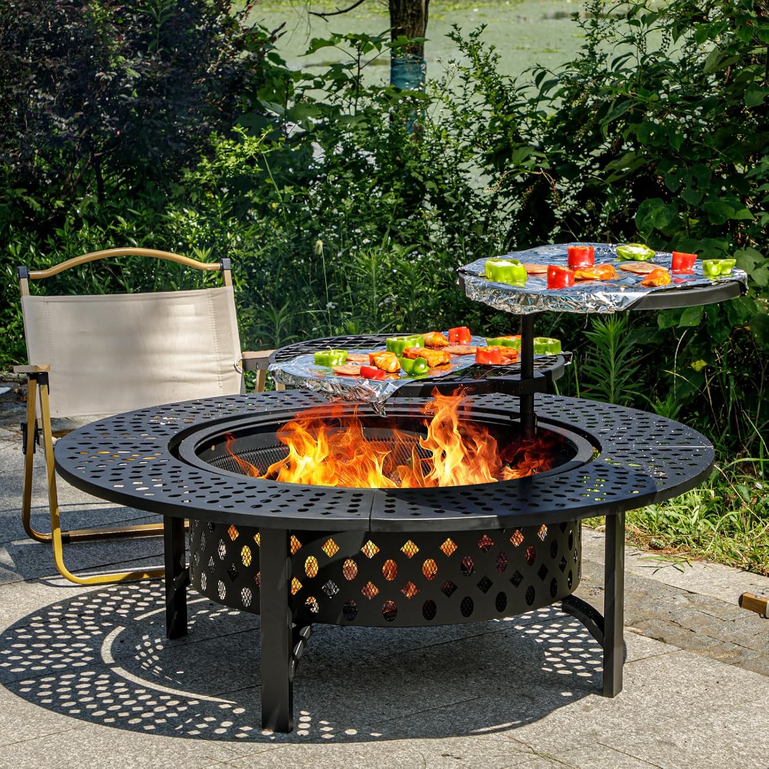 36 Inch Fire Pit with 2 Grills, Wood Burning Fire Pits for Outside with Lid, Poker and Round Waterproof Cover, BBQ& Outdoor Firepit & Round Metal Table 3 in 1 for Patio, Picnic, Party