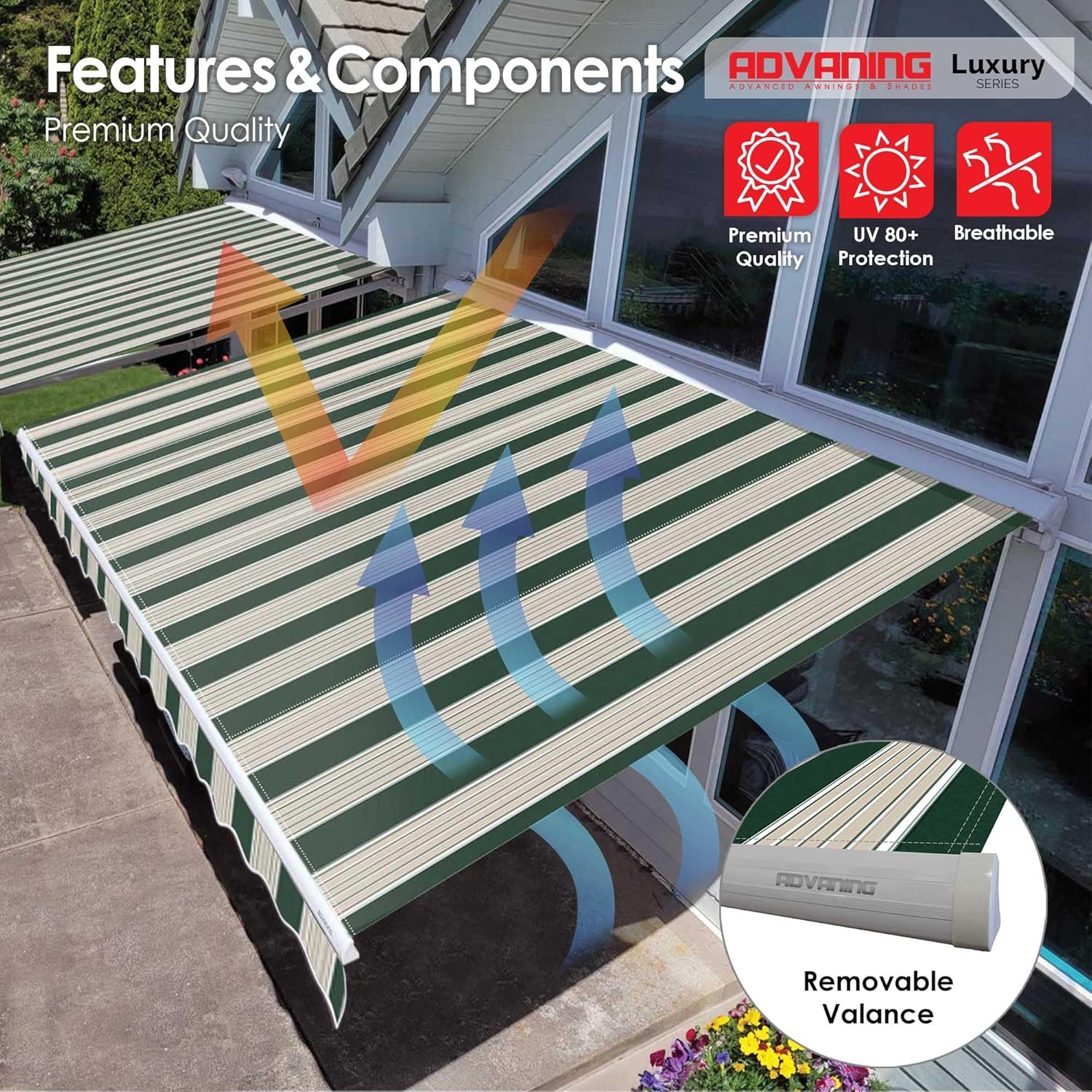 ADVANING 16'x10' Motorized Patio Retractable Awning | Luxury Series | Premium Quality, 100% Solution-Dyed European Acrylic UV Sun Shade, Color: Garden Green Stripes, EA1610-A808H2