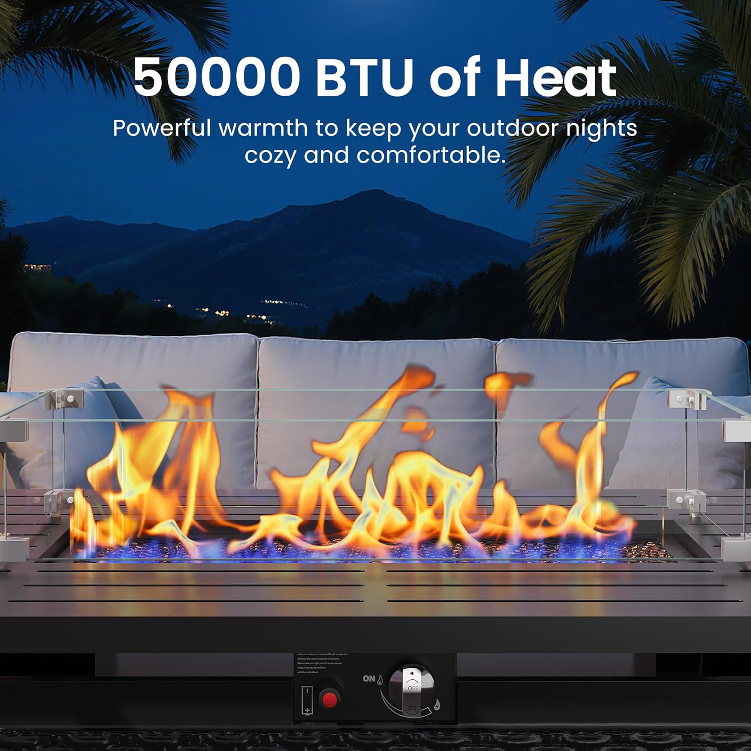 Royalcraft 43” Outdoor Propane Fire Table Set with Heavy-Duty Glass Stones, Glass Wind Guard, Lid & Water-Resistant Cover, 50,000 BTU Metal Fire Pit Table, Rectangle Fire Pit Table for Patio, Deck