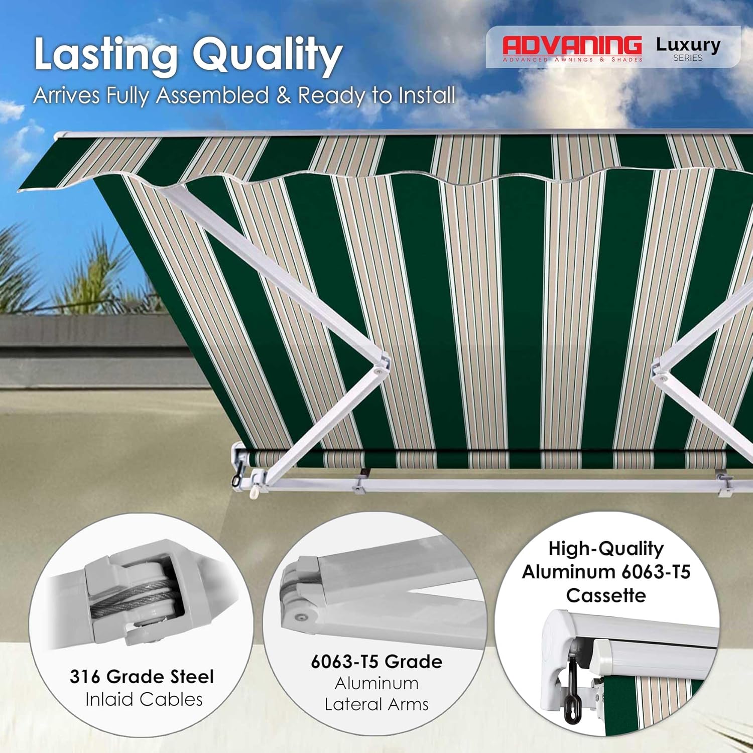 ADVANING 16'x10' Motorized Patio Retractable Awning | Luxury Series | Premium Quality, 100% Solution-Dyed European Acrylic UV Sun Shade, Color: Garden Green Stripes, EA1610-A808H2