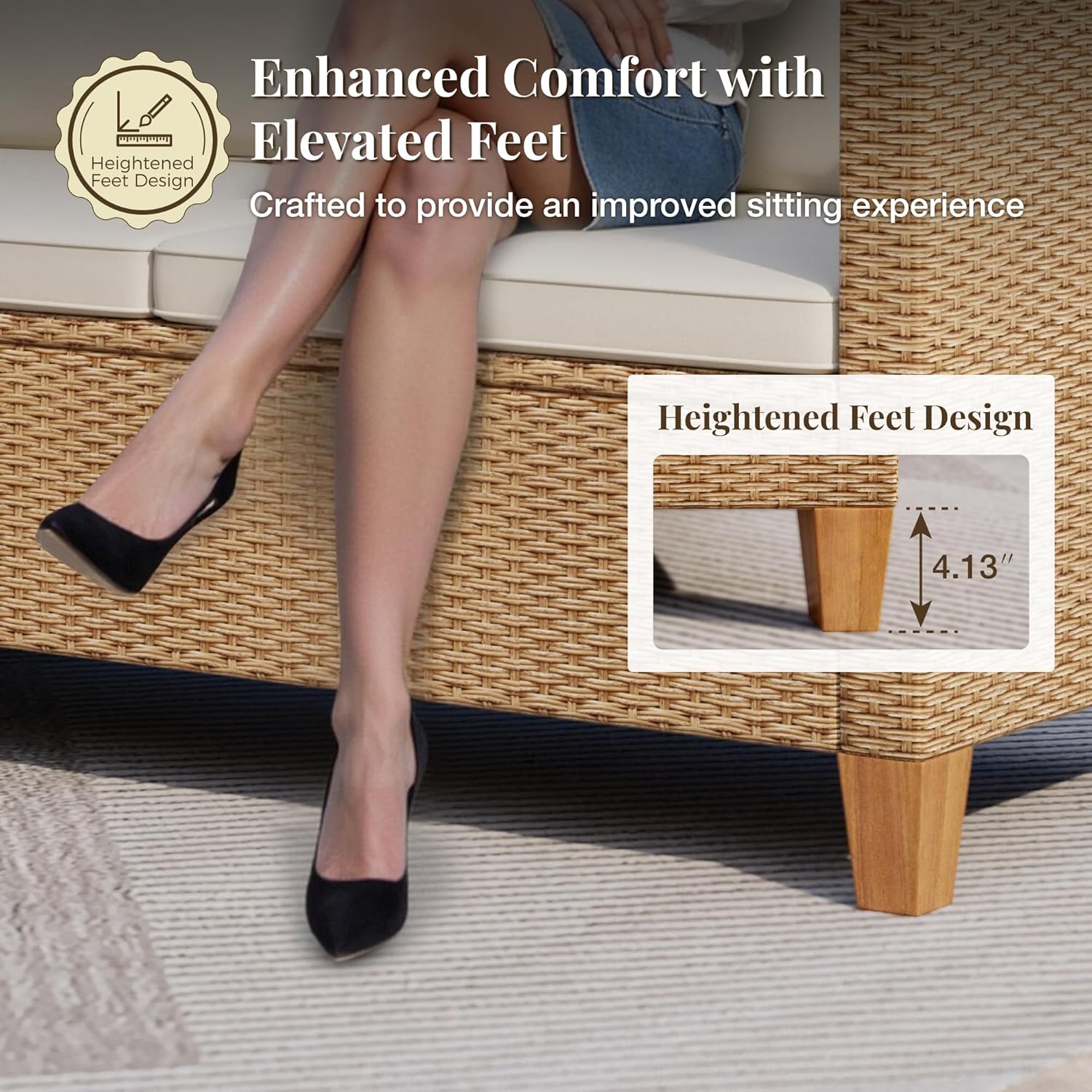 Wicker Outdoor Patio Furniture Set 3 Pieces Patio Chaise Longue Conversation Set, Rattan L-Shaped Sofa Couch with Acacia Wood Coffee Table for Deck Porch and Garden