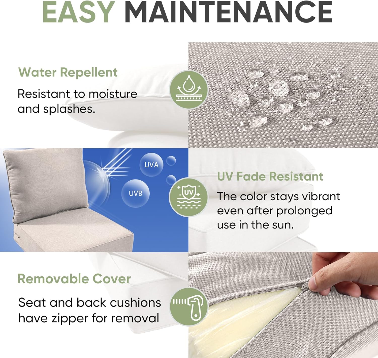 Outdoor Chair Cushions Set of 3, Waterproof 24x24 Patio Chair Cushion, 6" Thickened Seat Cushion for Outdoor Furniture, Couch Cushion Replacement, Include 3 Back & 3 Seat Cushions, Thick/Beige