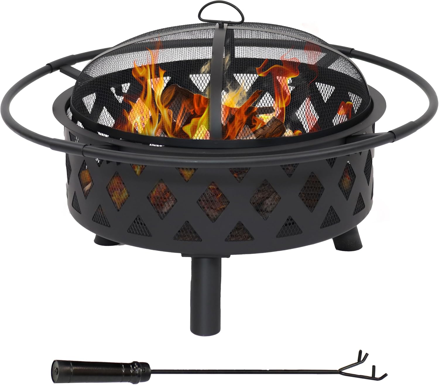 Sunnydaze Crossweave Outdoor Fire Pit - Wood-Burning Fire Pit for Outside with Spark Screen, Poker and Round Cover - 36-Inch - Black