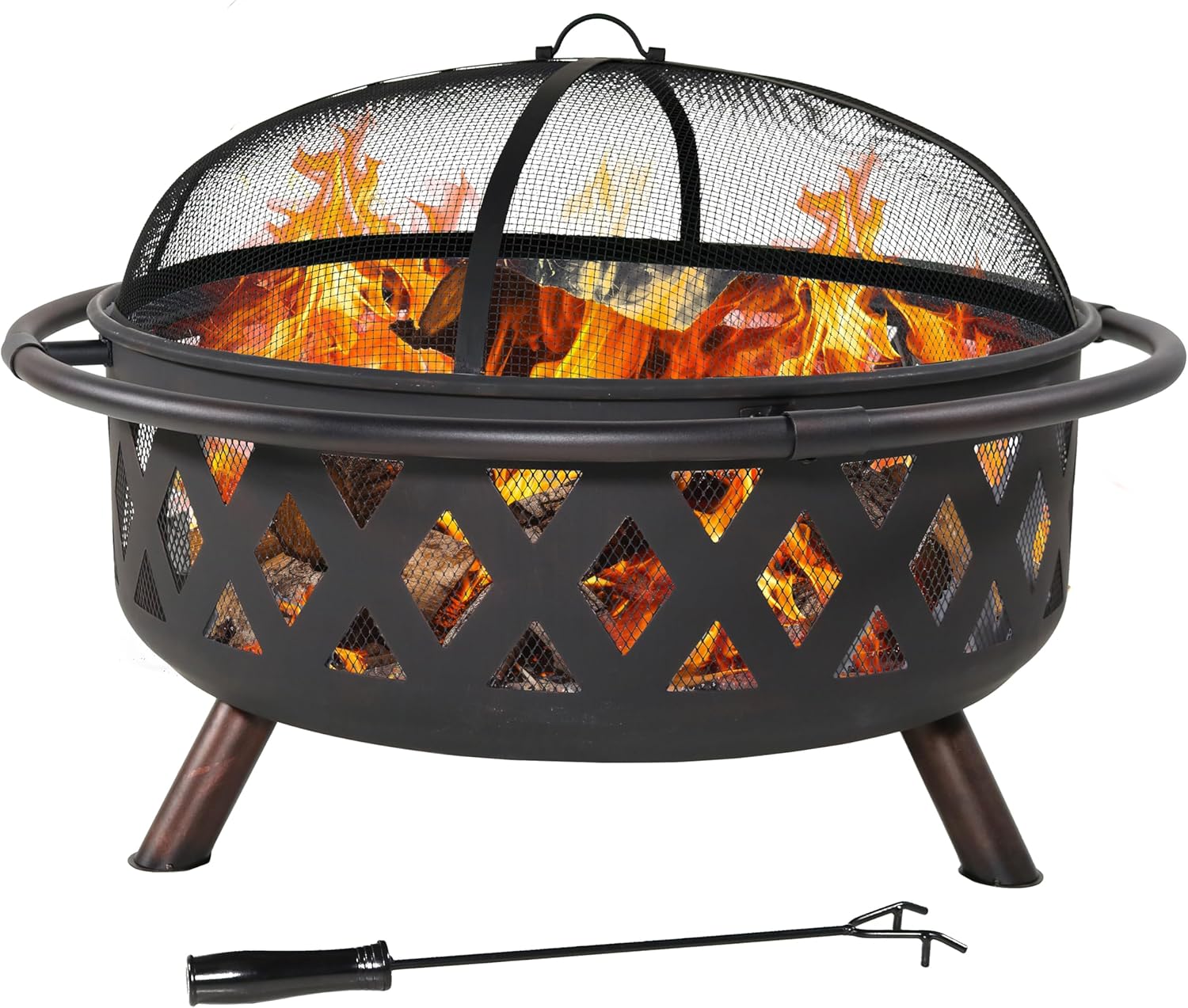 Sunnydaze Crossweave Outdoor Fire Pit - Wood-Burning Fire Pit for Outside with Spark Screen, Poker and Round Cover - 36-Inch - Bronze