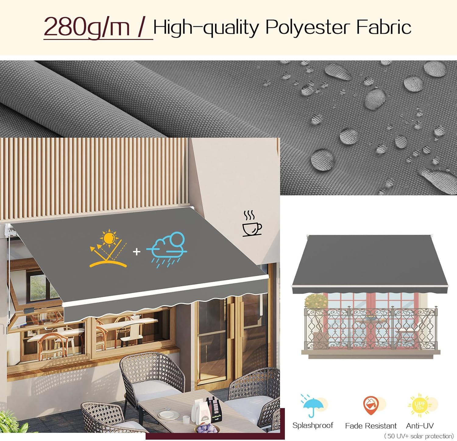 U-MAX Retractable Awning, 10'x8' Manual Awnings for Patio Sun Shade Shelter, Water-Resistant Polyester Cover Outdoor Door Window Awning with Crank Handle for Deck, Home, Backyard, Balcony, Grey