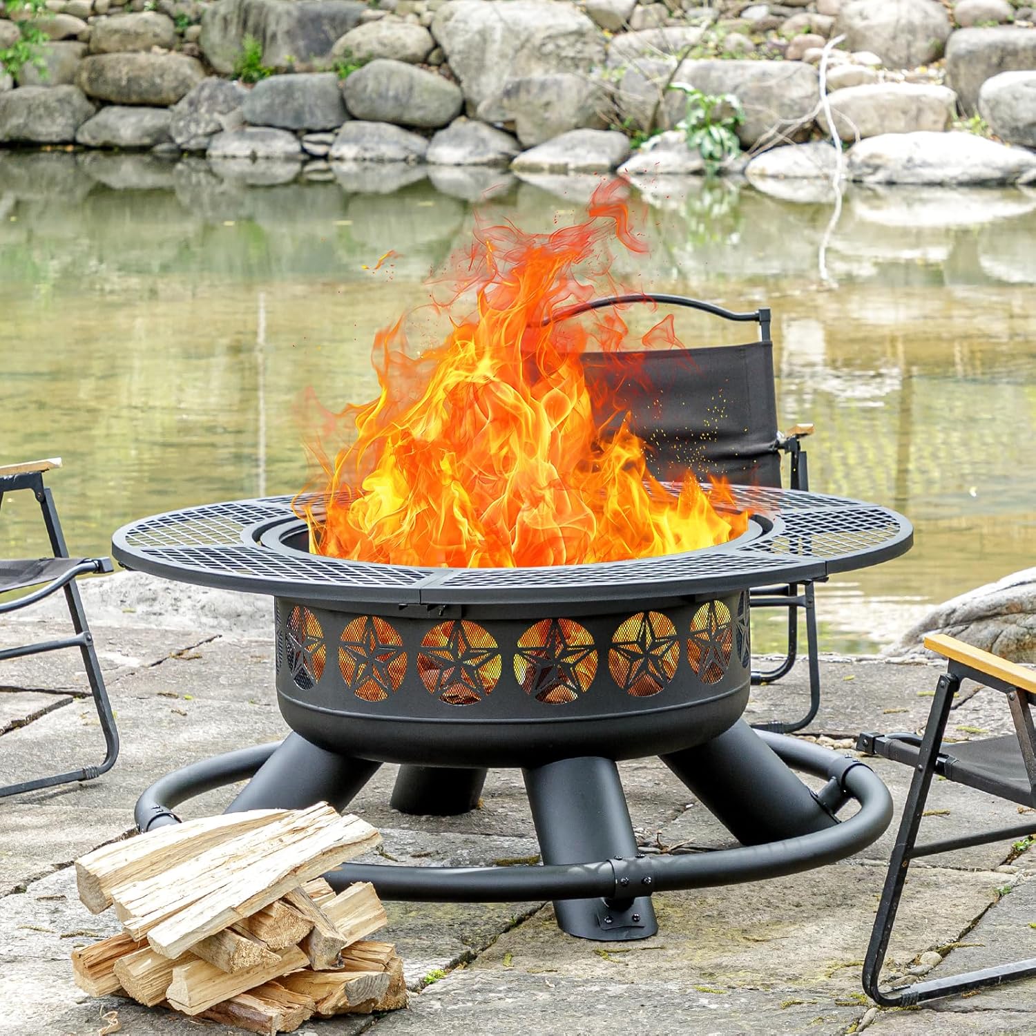 47 Inch Outdoor Fire Pit with 2 Grills, Extra Large BBQ Firepits for Outside, Metal Round Fire pits with Lid&Fire Poker,3 in 1 Wood Burning Outdoor Fireplaces for Backyard,Patio,Bonfire