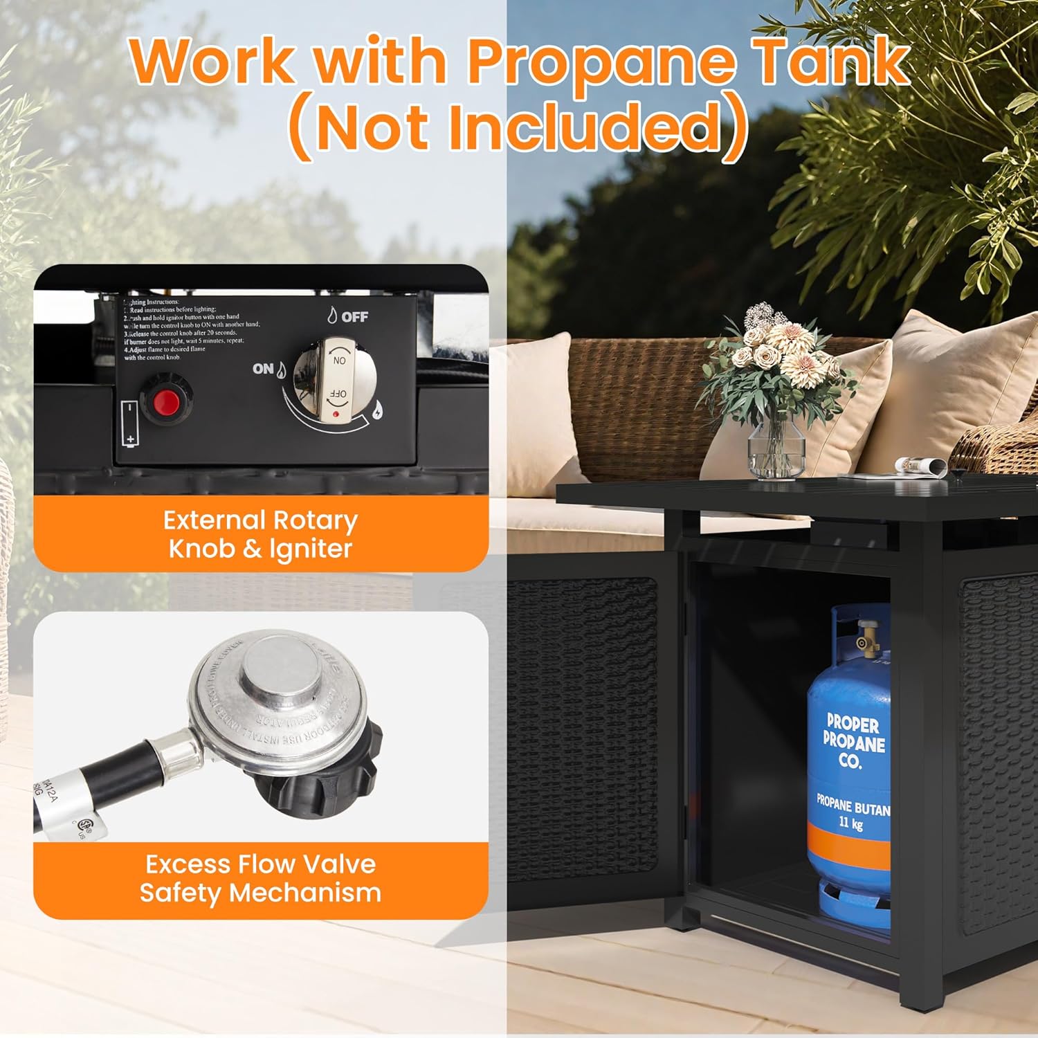 Royalcraft 43” Outdoor Propane Fire Table Set with Heavy-Duty Glass Stones, Glass Wind Guard, Lid & Water-Resistant Cover, 50,000 BTU Metal Fire Pit Table, Rectangle Fire Pit Table for Patio, Deck