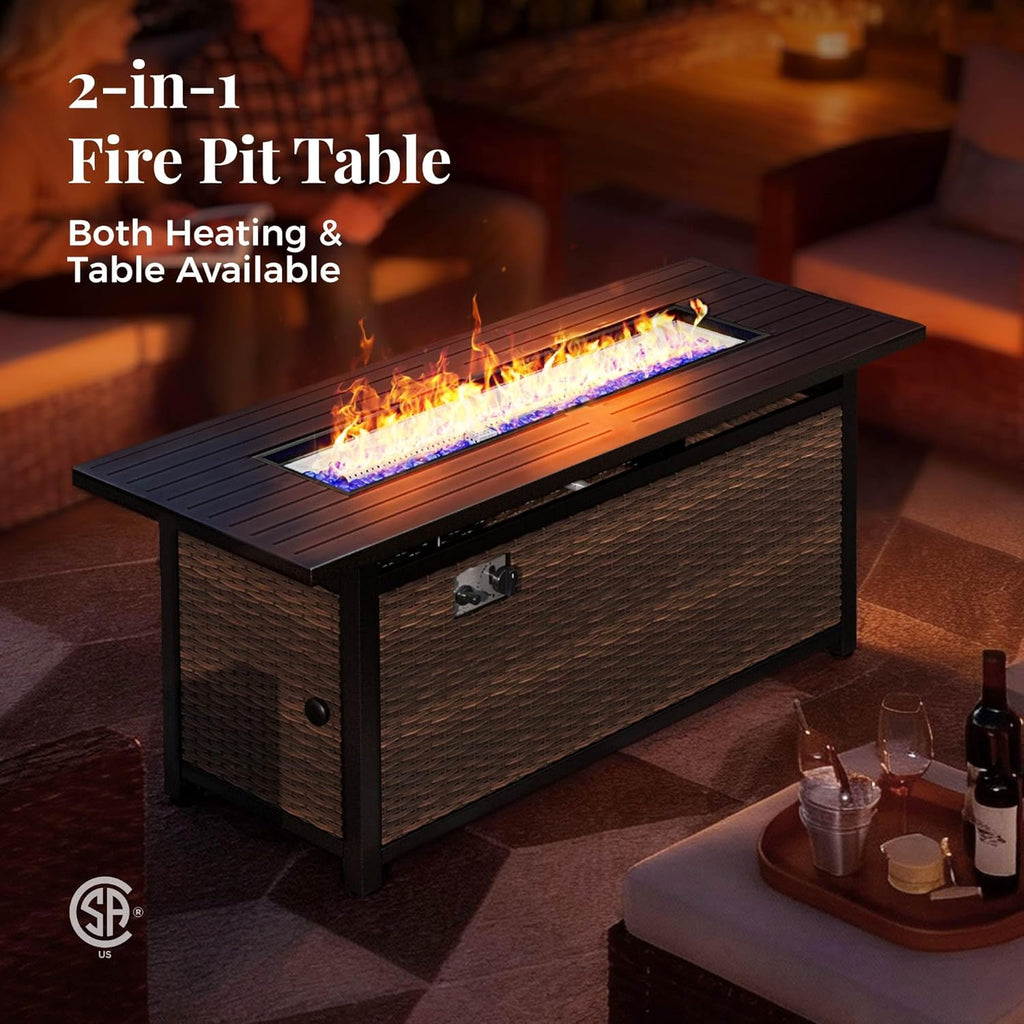 Patio Furniture Set, 8 Pcs Wicker Rattan Outdoor Conversation Set, 4 x Leg Chairs, 1 x 3 Seater Sofa and 2 x Ottoman with 4" Thick Cushion and 56" Fire Pit Table, Beige