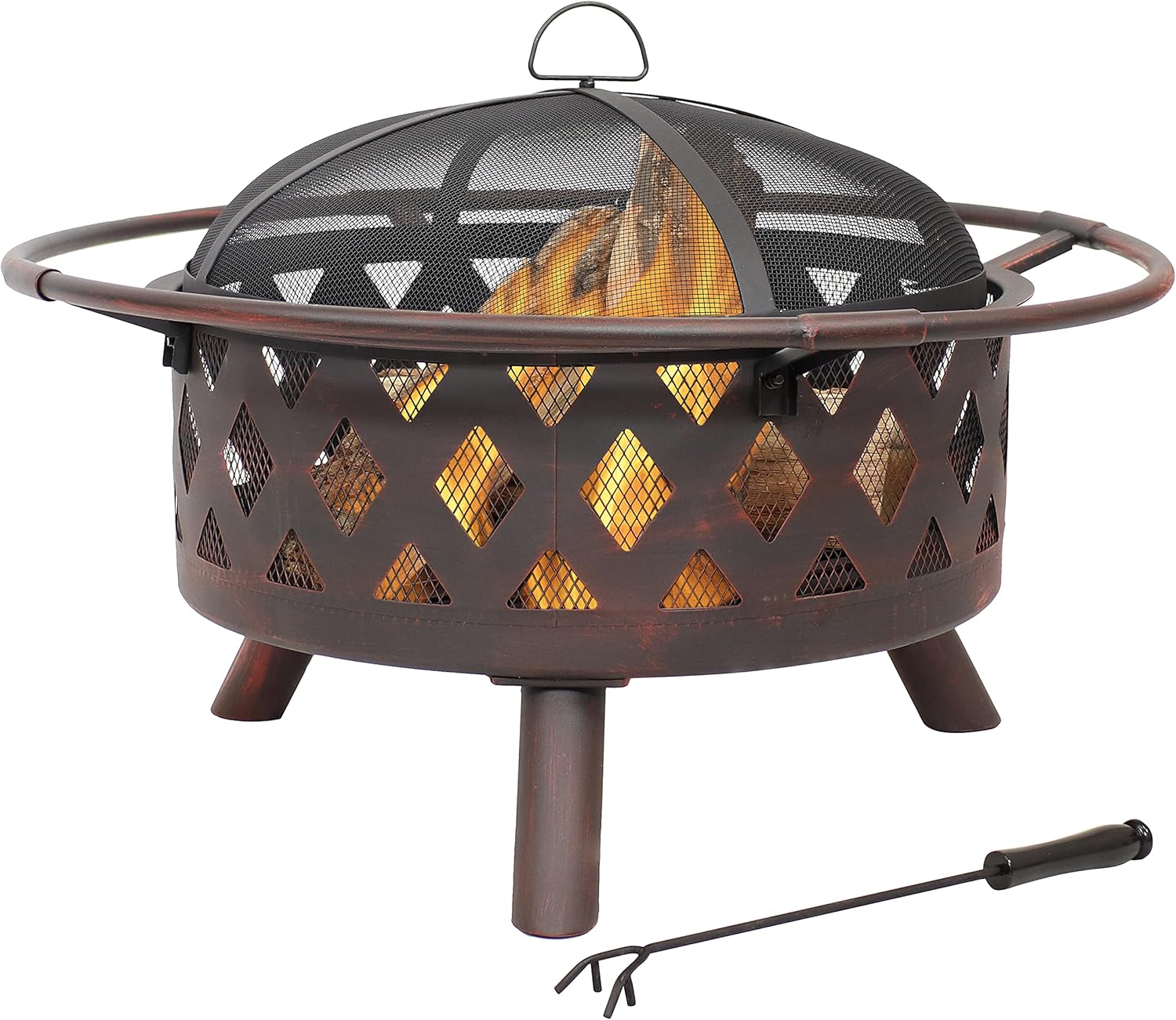 Sunnydaze Crossweave Outdoor Fire Pit - Wood-Burning Fire Pit for Outside with Spark Screen, Poker and Round Cover - 36-Inch - Bronze
