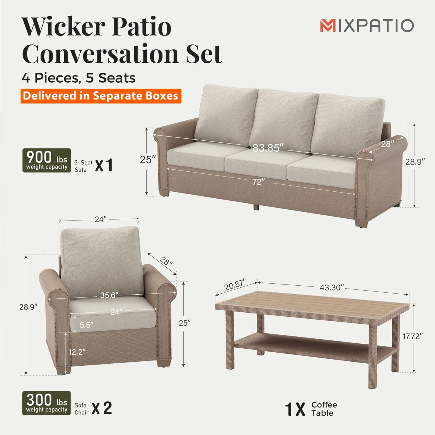 Patio Furniture Set 4 pcs, Wicker Outdoor Patio Furniture, 3-Seat Sofa, 2 Single Chairs and Coffee Table, Rattan Patio Conversation Set for Backyard Deck, Beige