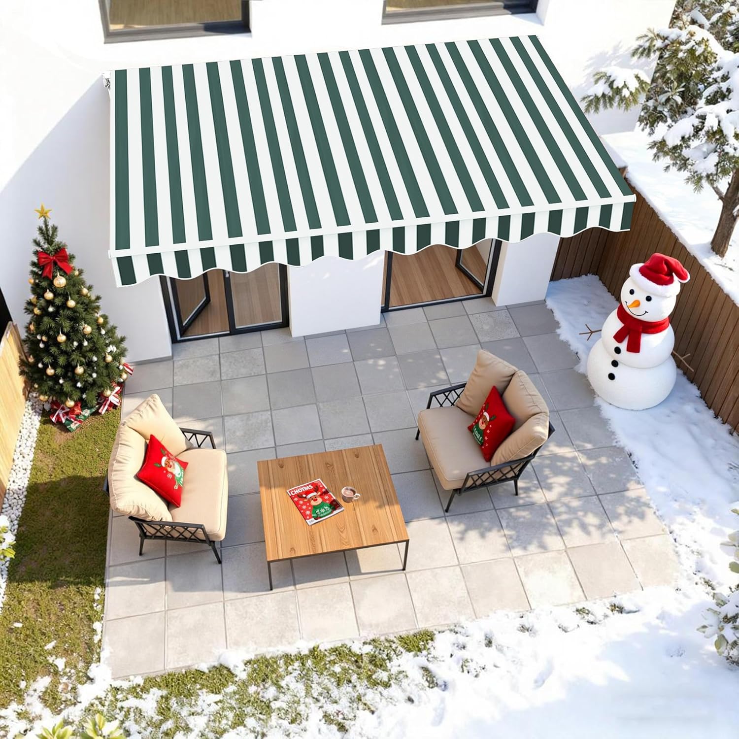 MCombo 9.9x7.8 Feet Manual Retractable Patio Door Window Awning Sunshade Shelter Outdoor Canopy,0810 (Green with White Stripes, 9.9'(L) x 7.8'(W))