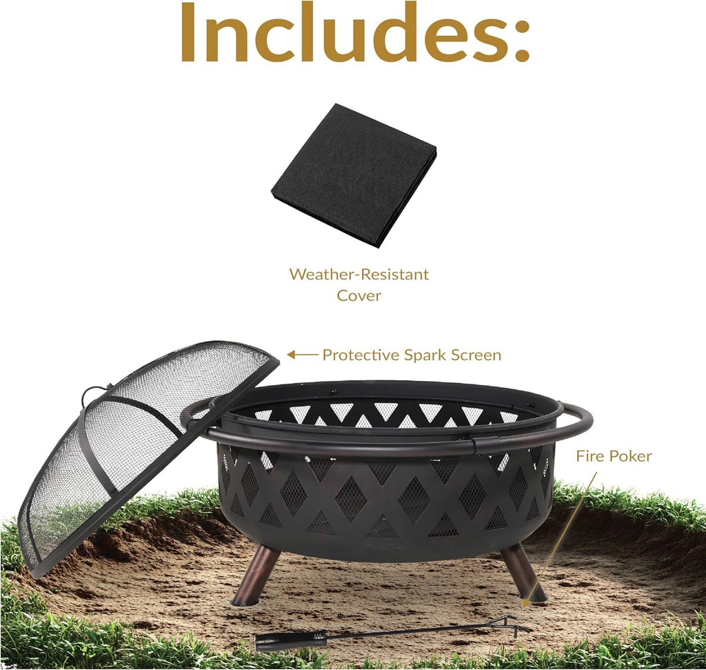 Sunnydaze Crossweave Outdoor Fire Pit - Wood-Burning Fire Pit for Outside with Spark Screen, Poker and Round Cover - 36-Inch - Black
