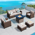 Swivel Glider Patio Furniture Set Outdoor Furniture Brown Wicker Rattan Patio Conversation Sets with Cushion Outside Sofa Set,5 Pieces with Rectangular Firepit Table,7 Seats,Beige