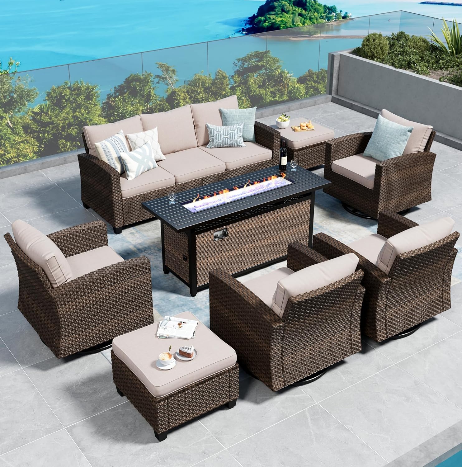 Swivel Glider Patio Furniture Set Outdoor Furniture Brown Wicker Rattan Patio Conversation Sets with Cushion Outside Sofa Set,5 Pieces with Rectangular Firepit Table,7 Seats,Beige