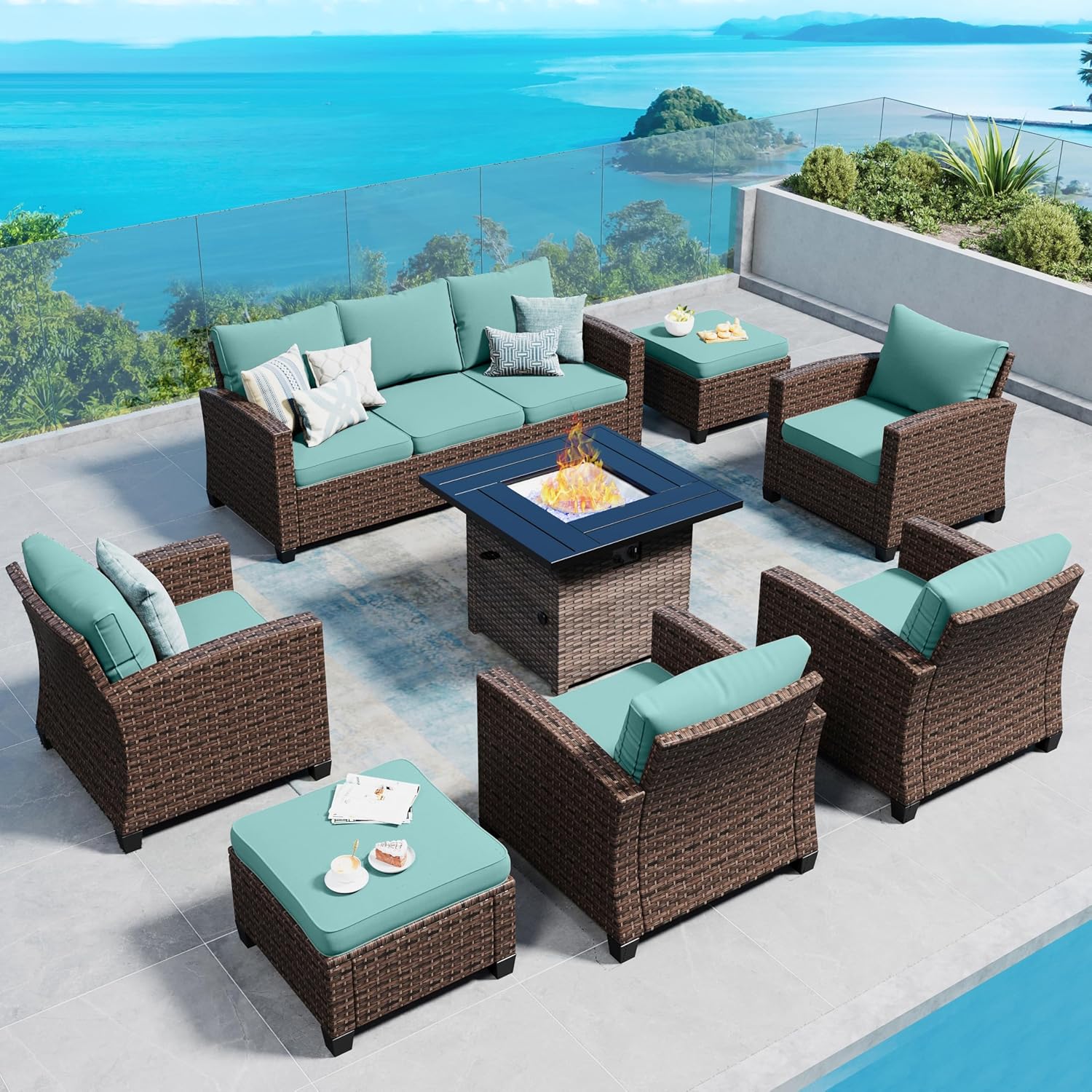 Swivel Glider Patio Furniture Set Outdoor Furniture Brown Wicker Rattan Patio Conversation Sets with Cushion Outside Sofa Set,5 Pieces with Rectangular Firepit Table,7 Seats,Beige