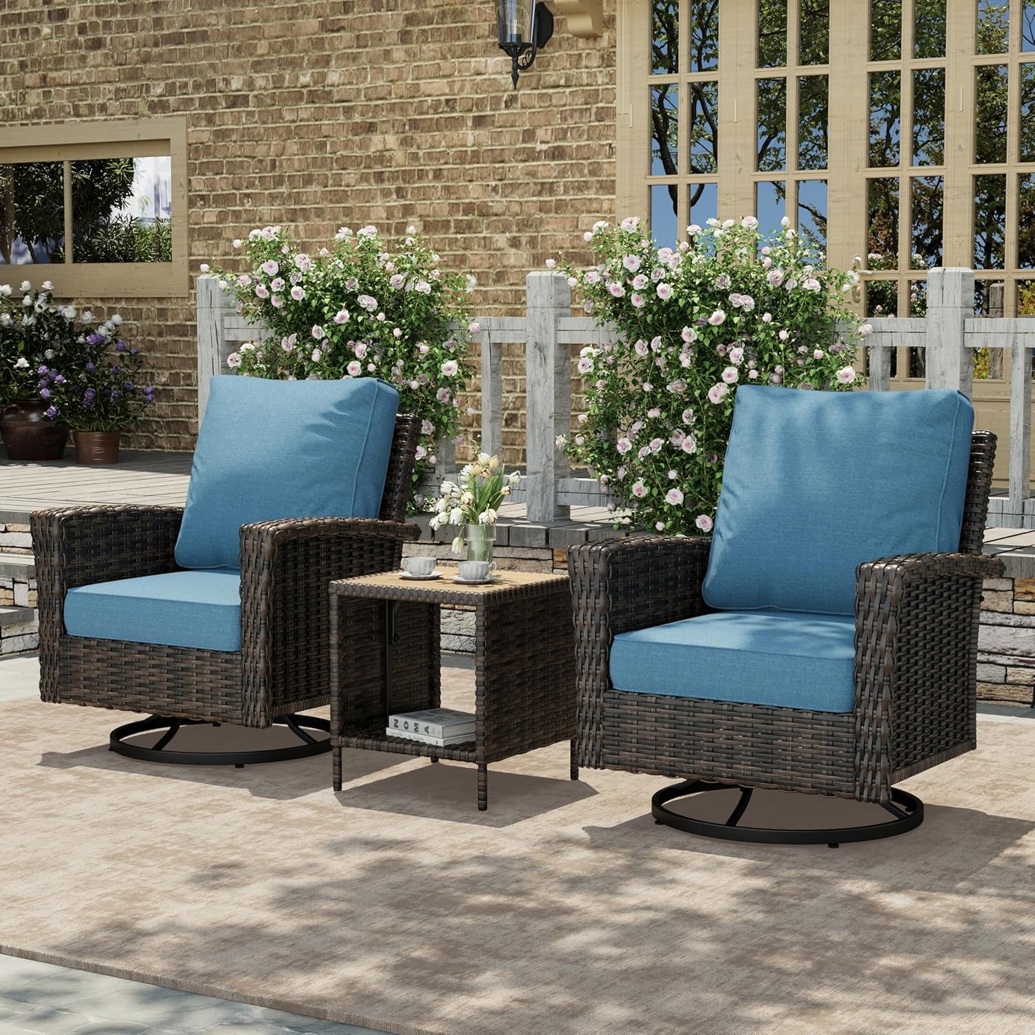 HERA'S HOUSE Patio Furniture Set with Swivel Chairs, High Back Outdoor Wicker Furniture with 5.5" Thick Cushions, Outside Conversation Sofa Sets for Backyard Deck Lawn, Beige