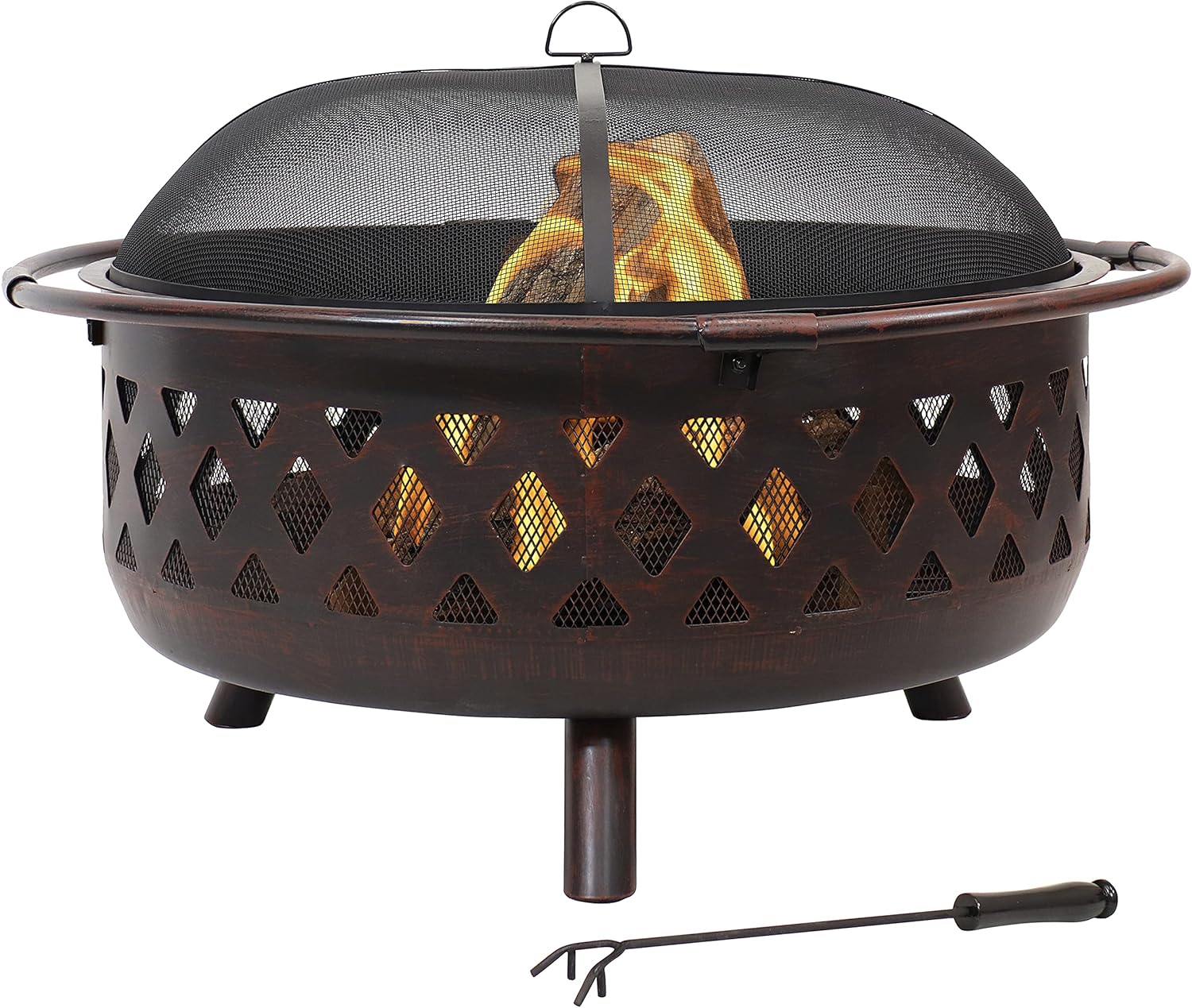 Sunnydaze Crossweave Outdoor Fire Pit - Wood-Burning Fire Pit for Outside with Spark Screen, Poker and Round Cover - 36-Inch - Black