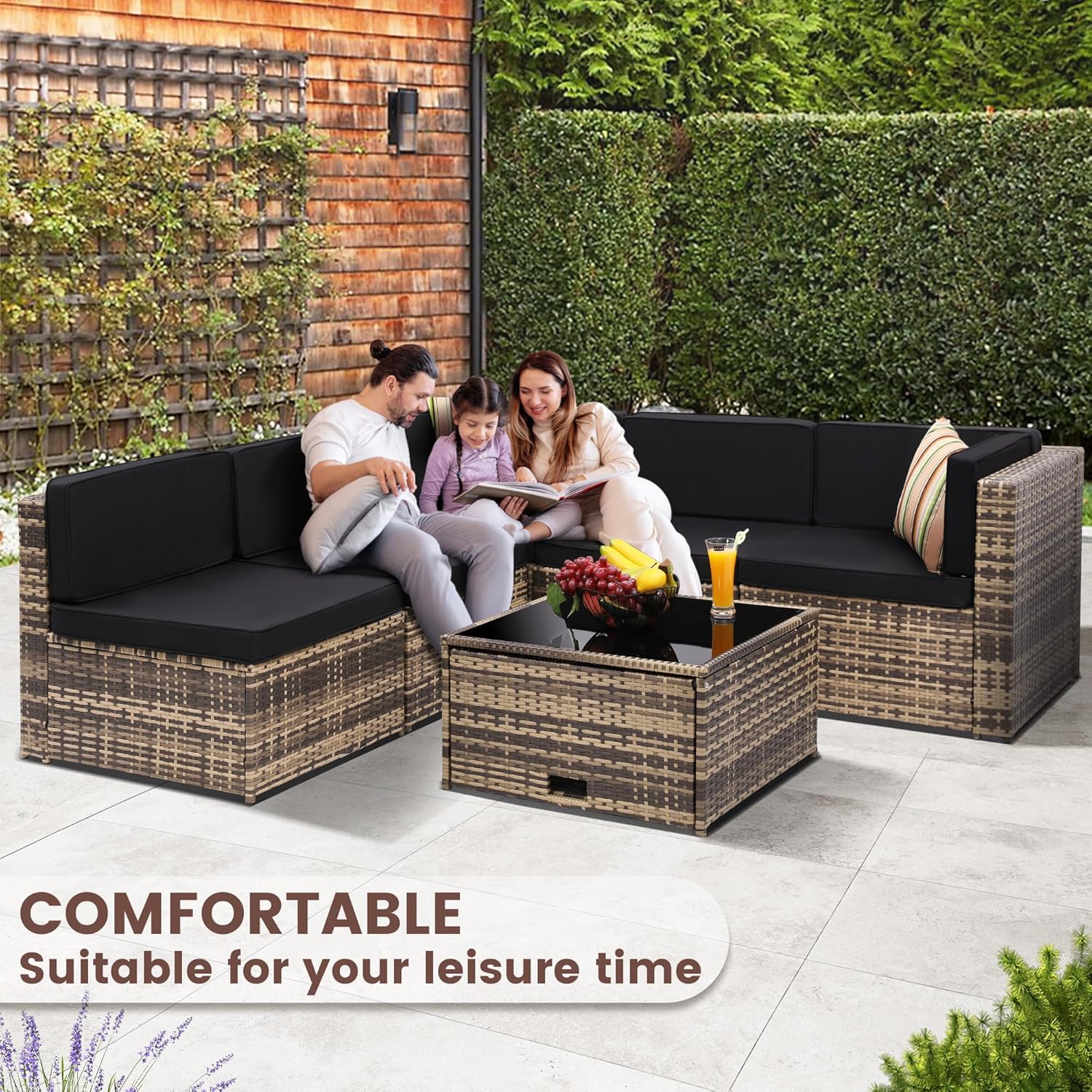 8 Pieces Outdoor Wicker Rattan Patio Furniture Sectional Set, Glass Top Table with Hidden Storage, 7 Sofa Sections, Oversized Cushions, Natural Color Rattan with Black Cushion