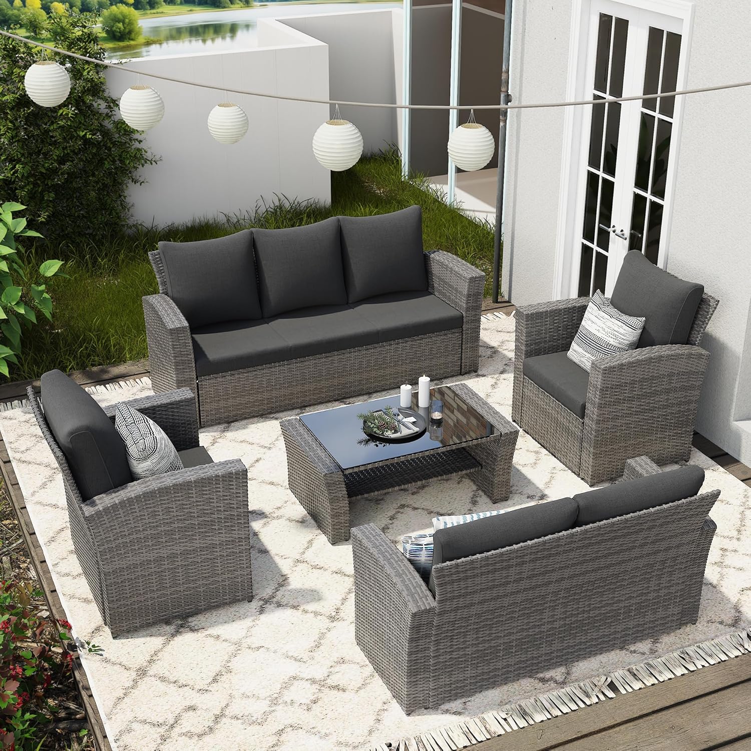 Wisteria Lane 4 Piece Patio Furniture Set, Wicker Outdoor Patio Conversation Furniture Set, All Weather Outdoor Patio Sofa with Cushion and Glass Table, Brown