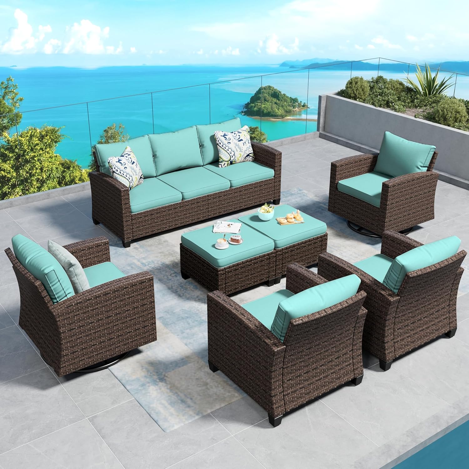 Swivel Glider Patio Furniture Set Outdoor Furniture Brown Wicker Rattan Patio Conversation Sets with Cushion Outside Sofa Set,5 Pieces with Rectangular Firepit Table,7 Seats,Beige