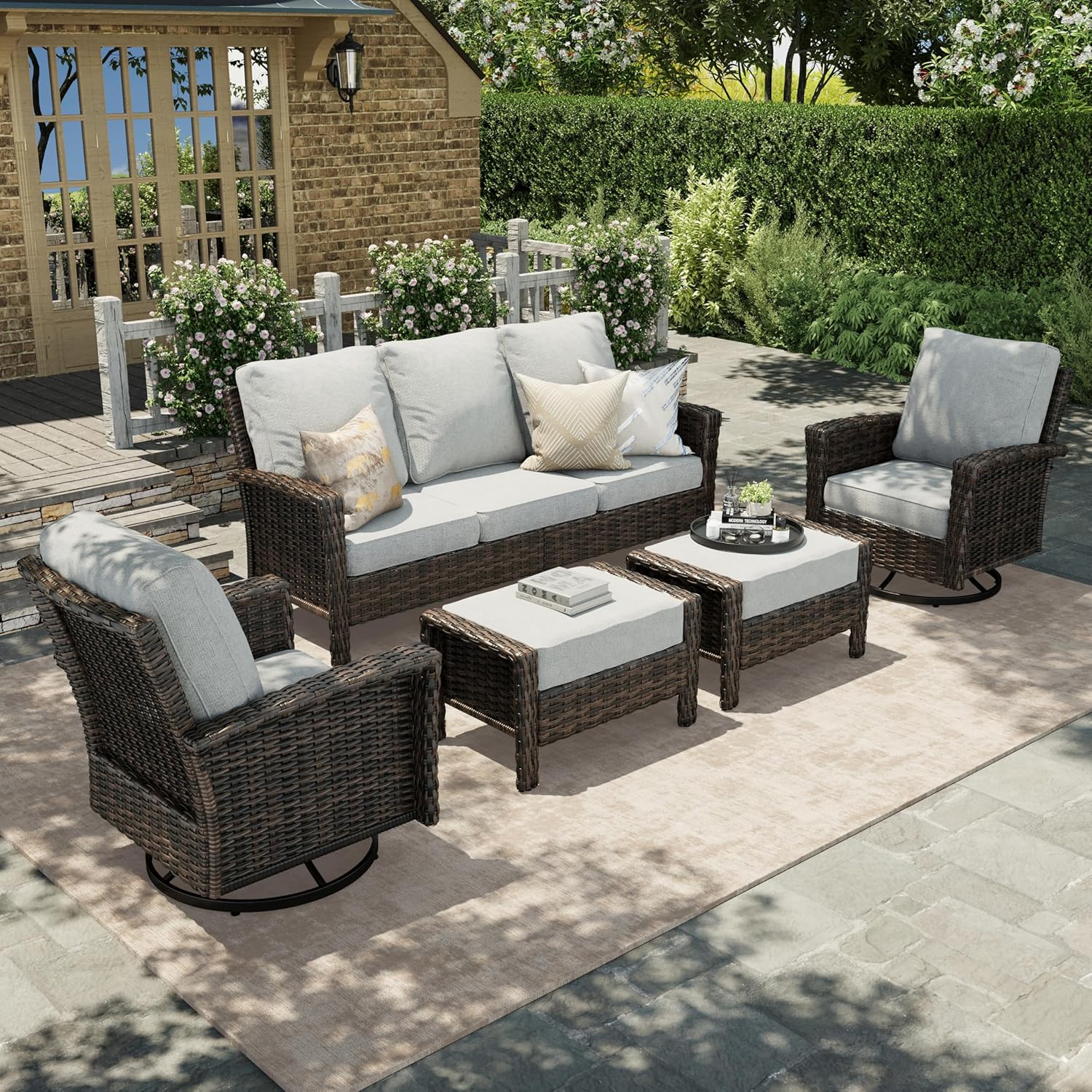 HERA'S HOUSE Patio Furniture Set with Swivel Chairs, High Back Outdoor Wicker Furniture with 5.5" Thick Cushions, Outside Conversation Sofa Sets for Backyard Deck Lawn, Beige