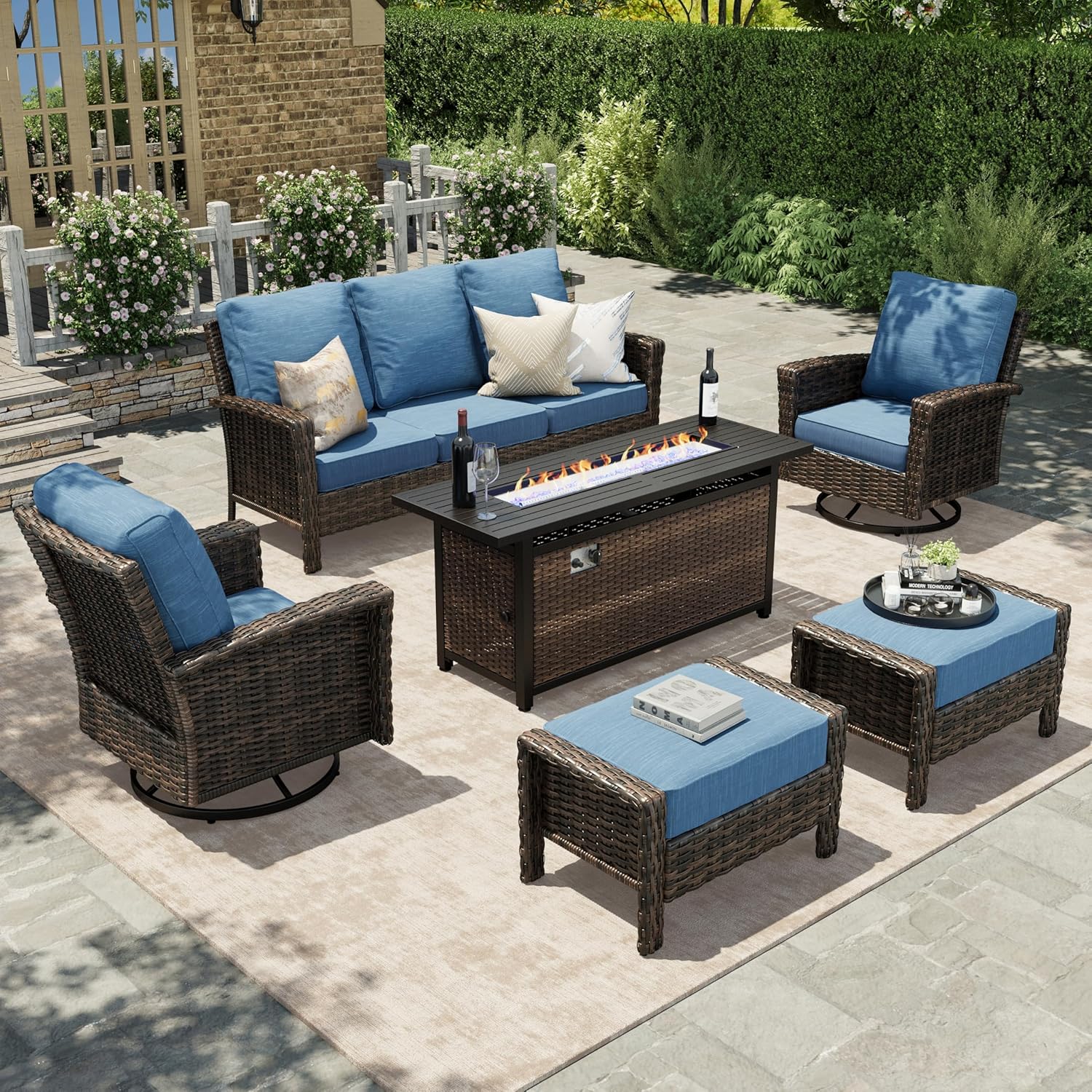 HERA'S HOUSE Patio Furniture Set with Swivel Chairs, High Back Outdoor Wicker Furniture with 5.5" Thick Cushions, Outside Conversation Sofa Sets for Backyard Deck Lawn, Beige