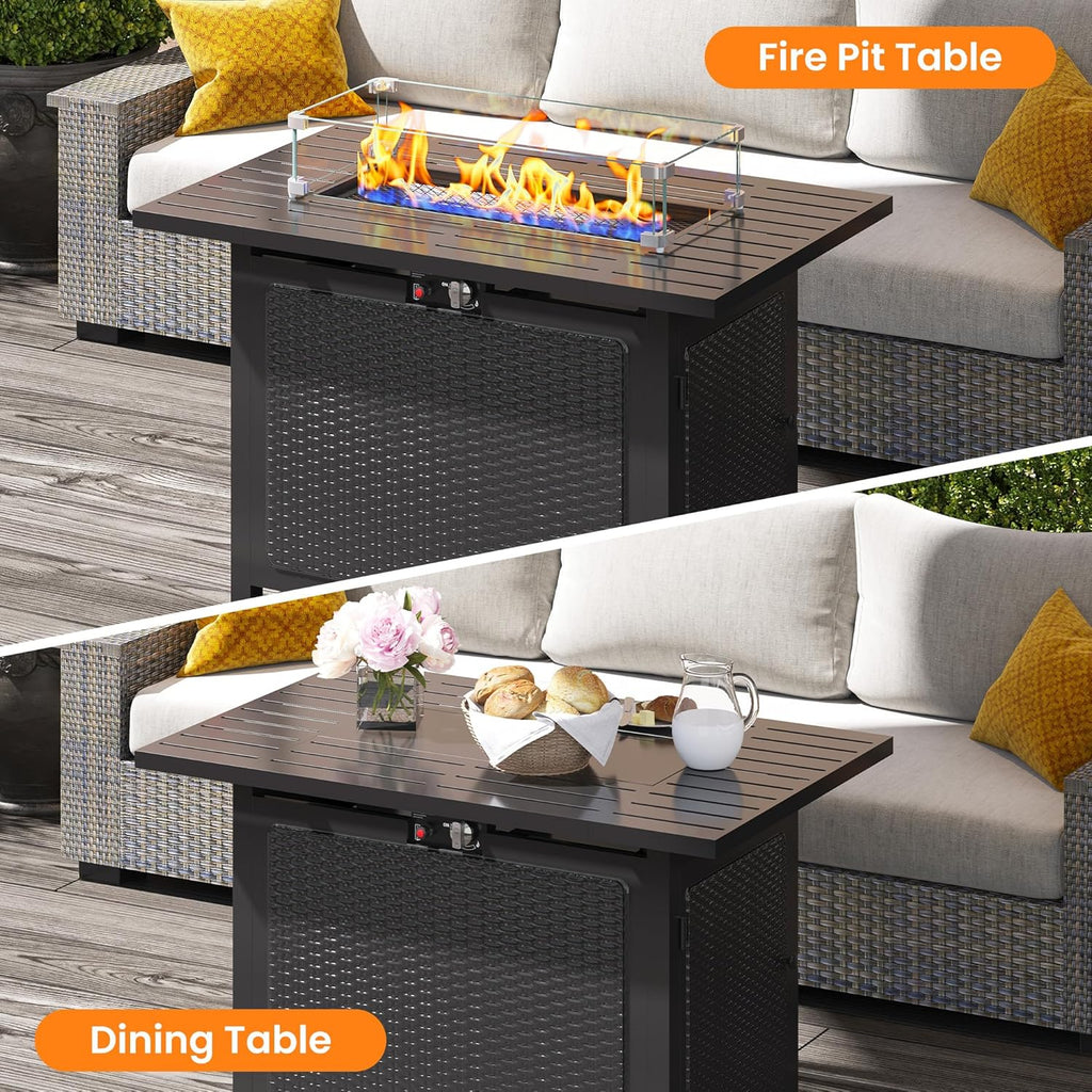 Royalcraft 43” Outdoor Propane Fire Table Set with Heavy-Duty Glass Stones, Glass Wind Guard, Lid & Water-Resistant Cover, 50,000 BTU Metal Fire Pit Table, Rectangle Fire Pit Table for Patio, Deck