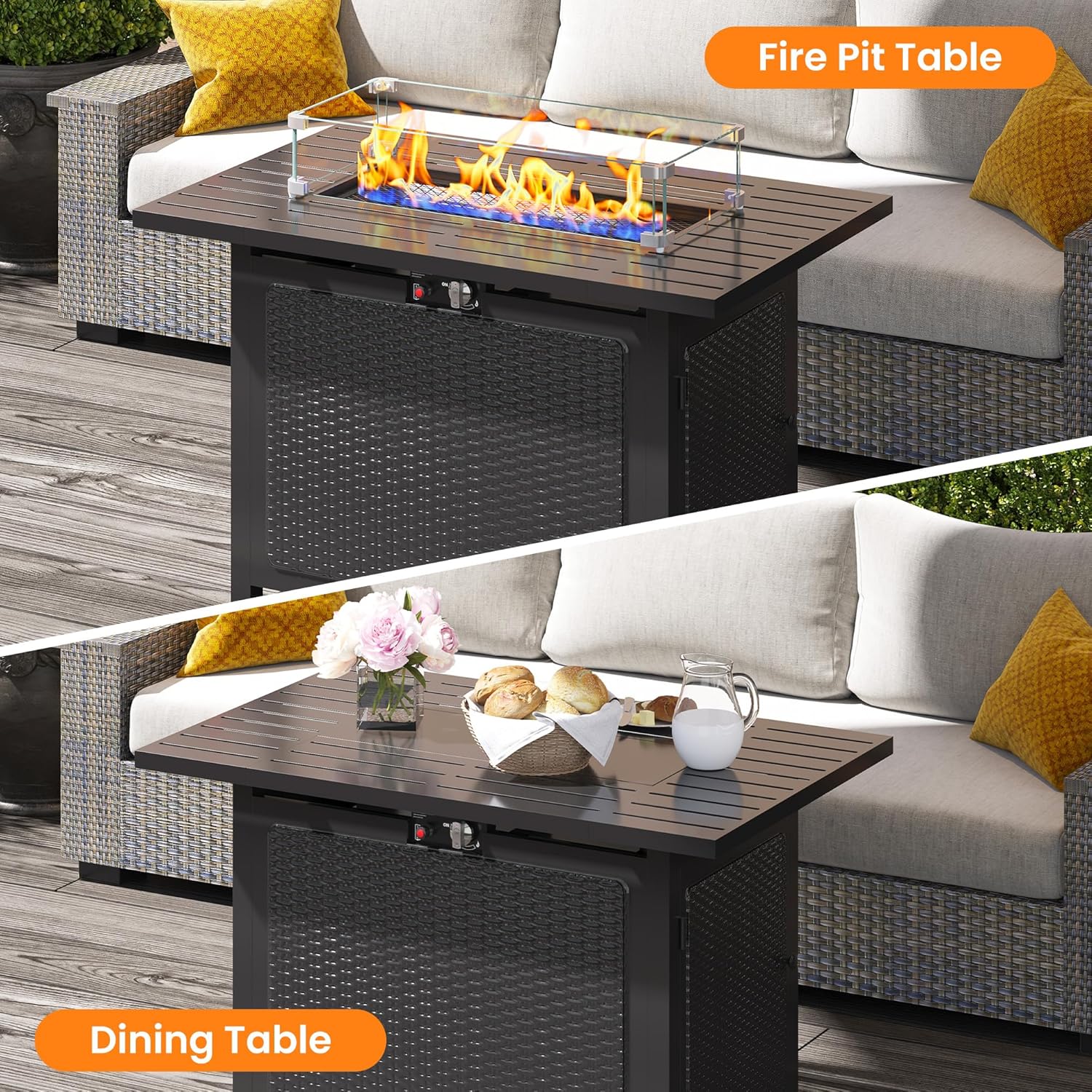 Royalcraft 43” Outdoor Propane Fire Table Set with Heavy-Duty Glass Stones, Glass Wind Guard, Lid & Water-Resistant Cover, 50,000 BTU Metal Fire Pit Table, Rectangle Fire Pit Table for Patio, Deck
