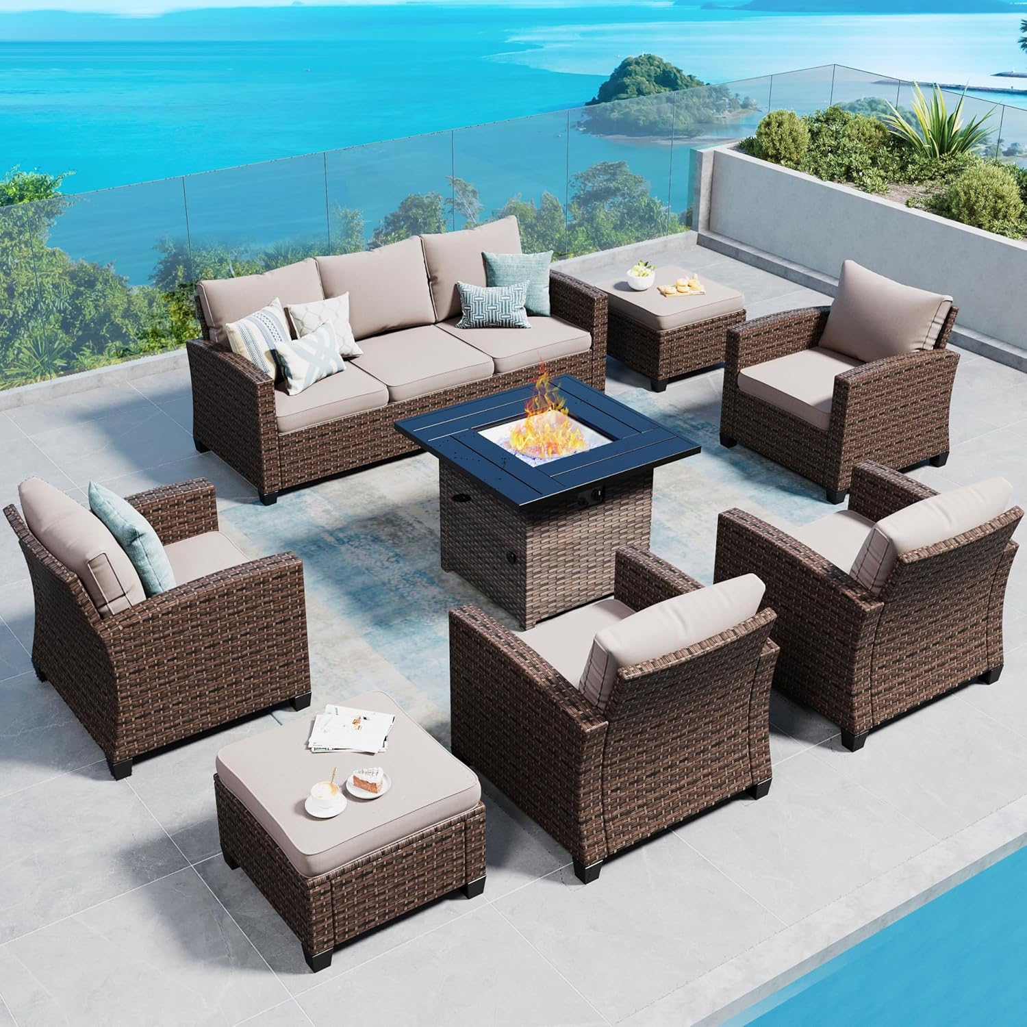 Swivel Glider Patio Furniture Set Outdoor Furniture Brown Wicker Rattan Patio Conversation Sets with Cushion Outside Sofa Set,5 Pieces with Rectangular Firepit Table,7 Seats,Beige