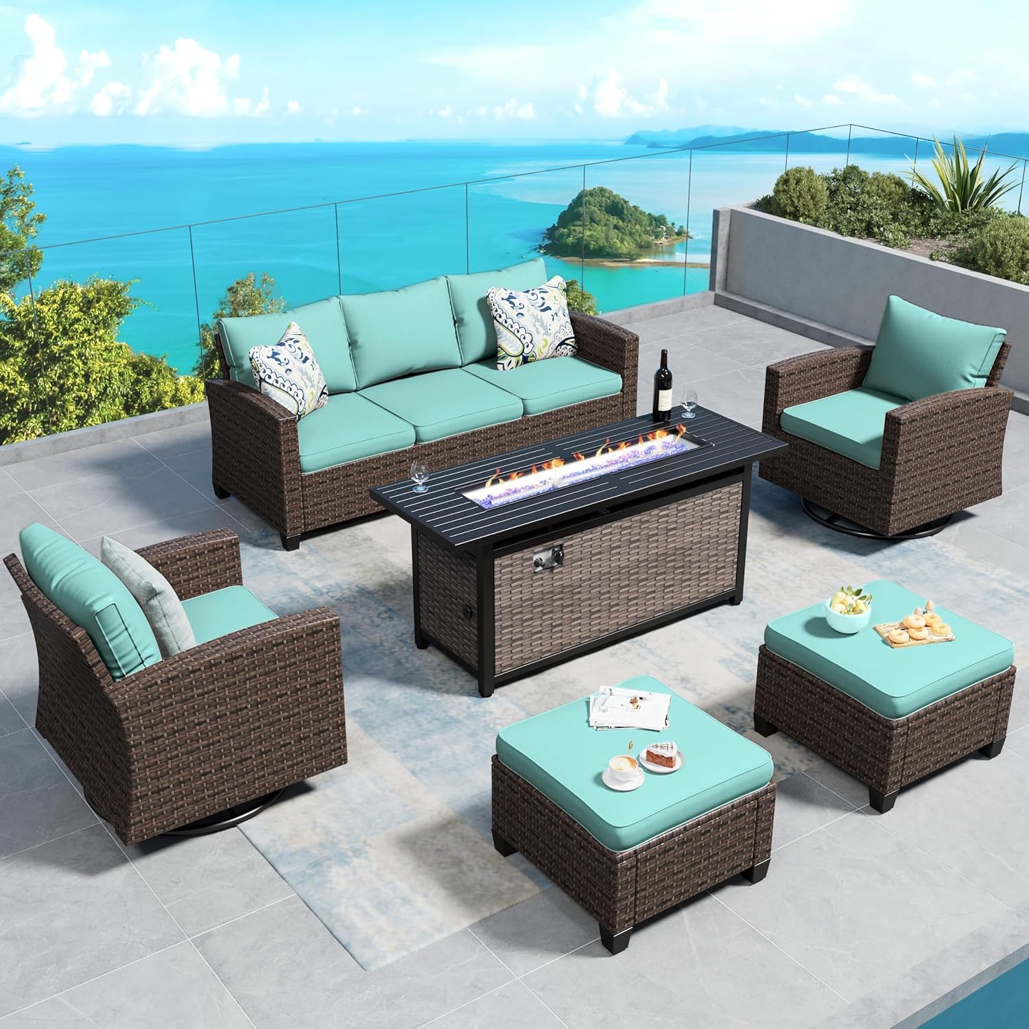 Swivel Glider Patio Furniture Set Outdoor Furniture Brown Wicker Rattan Patio Conversation Sets with Cushion Outside Sofa Set,5 Pieces with Rectangular Firepit Table,7 Seats,Beige