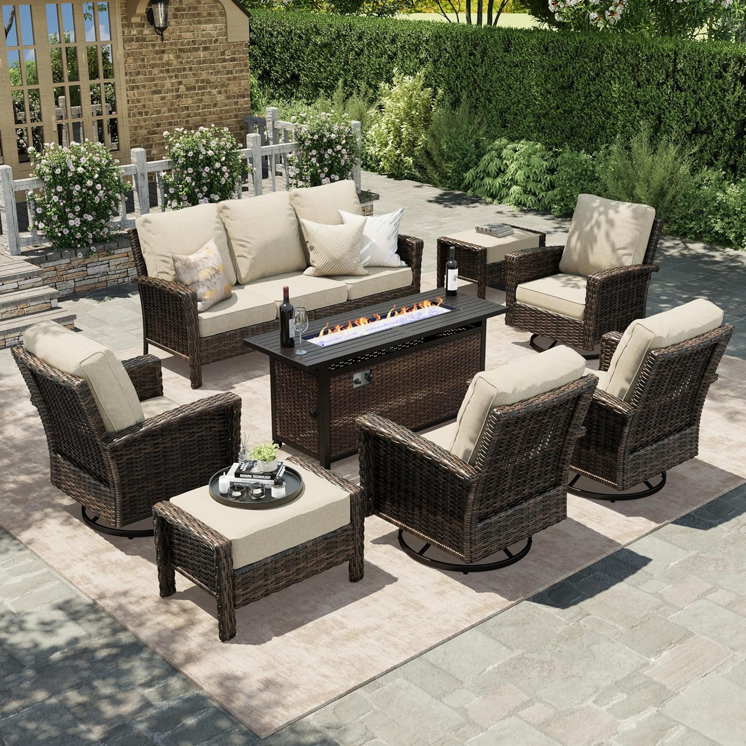 HERA'S HOUSE Patio Furniture Set with Swivel Chairs, High Back Outdoor Wicker Furniture with 5.5" Thick Cushions, Outside Conversation Sofa Sets for Backyard Deck Lawn, Beige