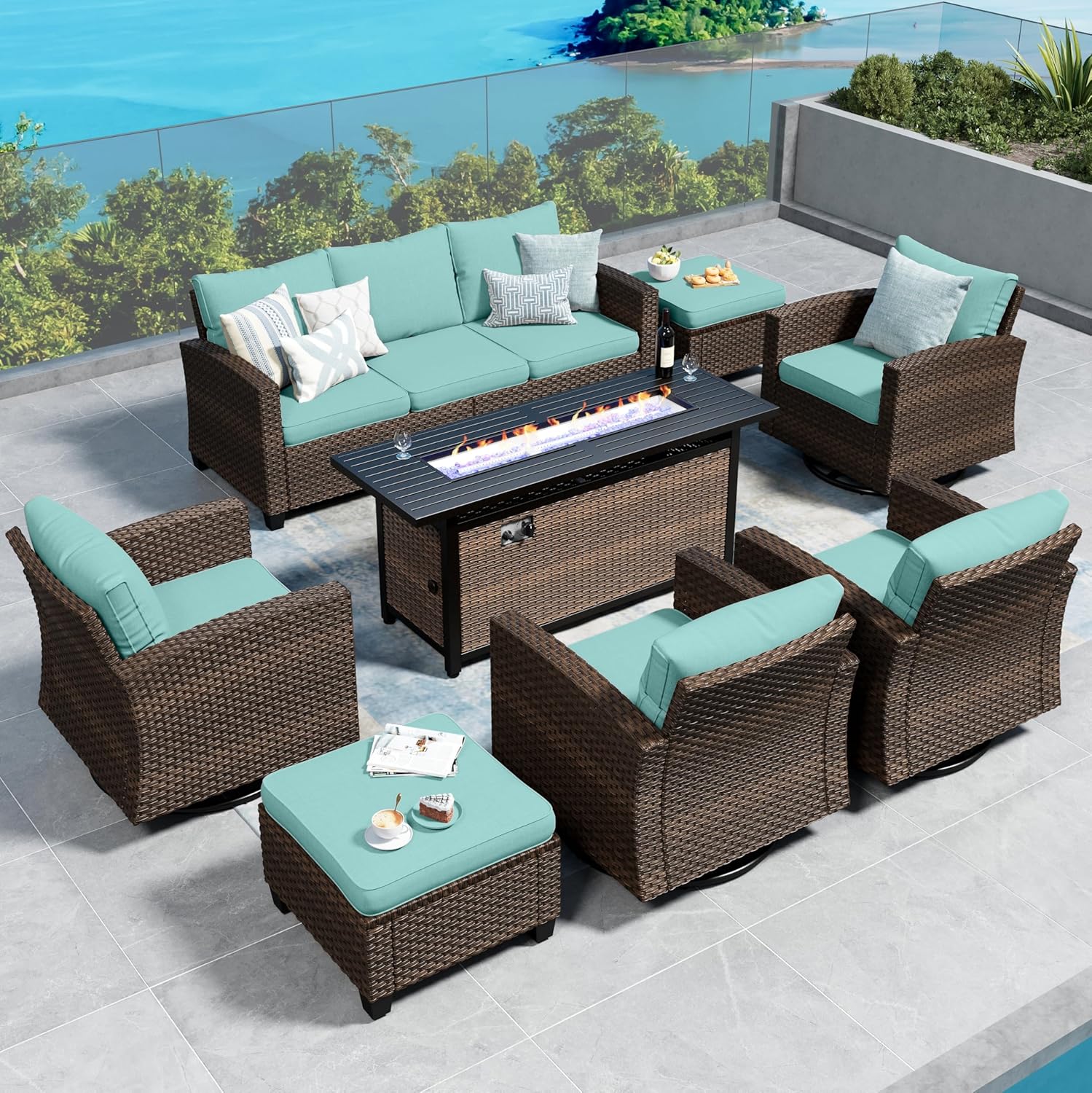 Swivel Glider Patio Furniture Set Outdoor Furniture Brown Wicker Rattan Patio Conversation Sets with Cushion Outside Sofa Set,5 Pieces with Rectangular Firepit Table,7 Seats,Beige