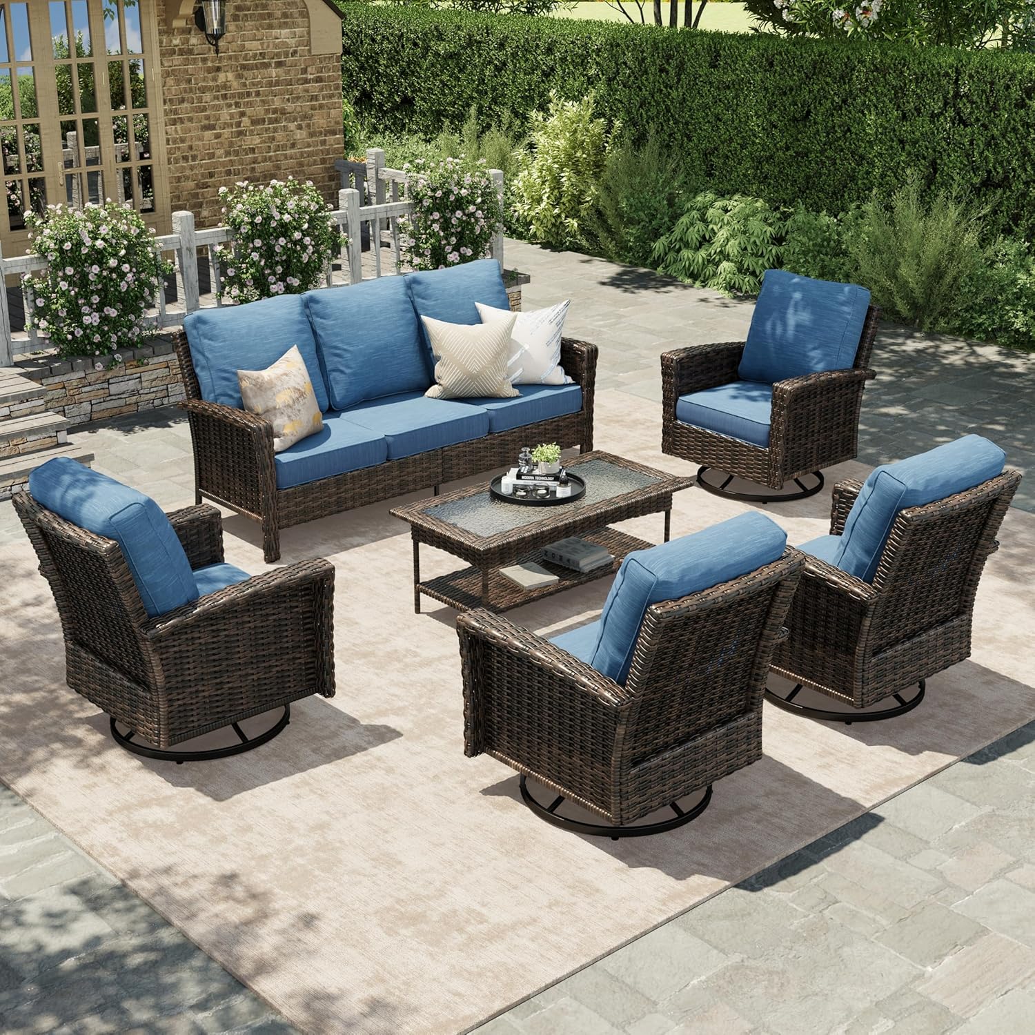 HERA'S HOUSE Patio Furniture Set with Swivel Chairs, High Back Outdoor Wicker Furniture with 5.5" Thick Cushions, Outside Conversation Sofa Sets for Backyard Deck Lawn, Beige