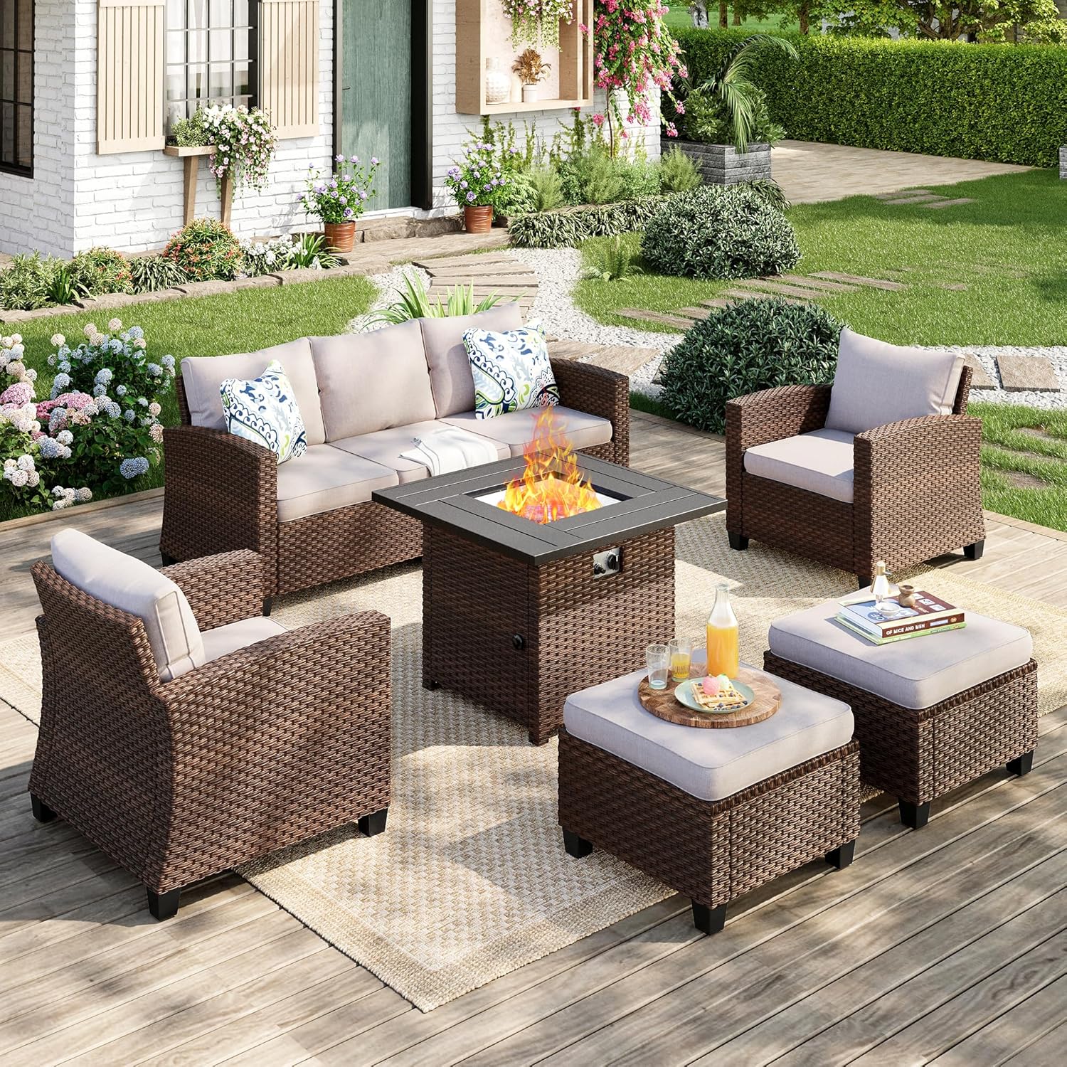 Patio Furniture Set, 8 Pcs Wicker Rattan Outdoor Conversation Set, 4 x Leg Chairs, 1 x 3 Seater Sofa and 2 x Ottoman with 4" Thick Cushion and 56" Fire Pit Table, Beige