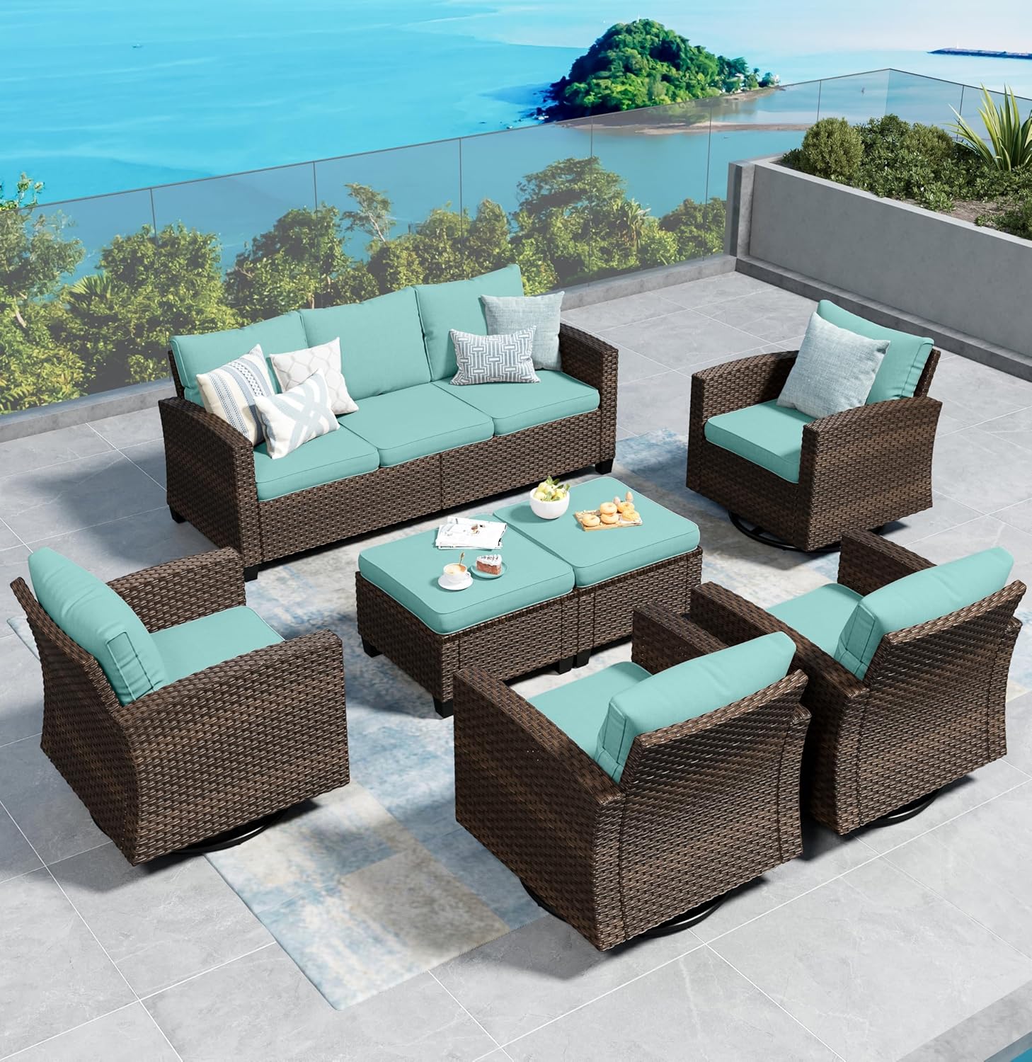 Swivel Glider Patio Furniture Set Outdoor Furniture Brown Wicker Rattan Patio Conversation Sets with Cushion Outside Sofa Set,5 Pieces with Rectangular Firepit Table,7 Seats,Beige