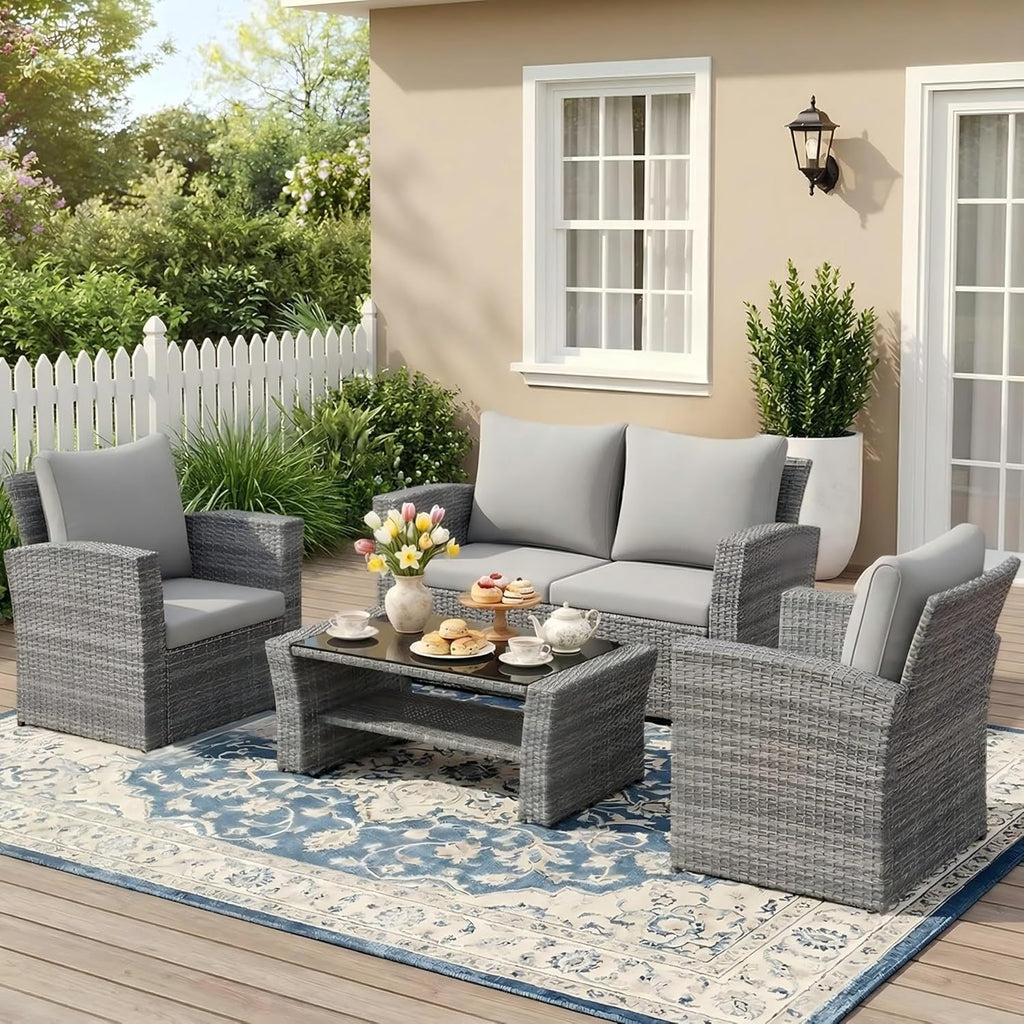 Wisteria Lane 4 Piece Patio Furniture Set, Wicker Outdoor Patio Conversation Furniture Set, All Weather Outdoor Patio Sofa with Cushion and Glass Table, Brown