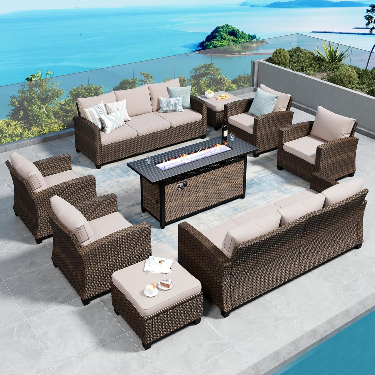 Swivel Glider Patio Furniture Set Outdoor Furniture Brown Wicker Rattan Patio Conversation Sets with Cushion Outside Sofa Set,5 Pieces with Rectangular Firepit Table,7 Seats,Beige