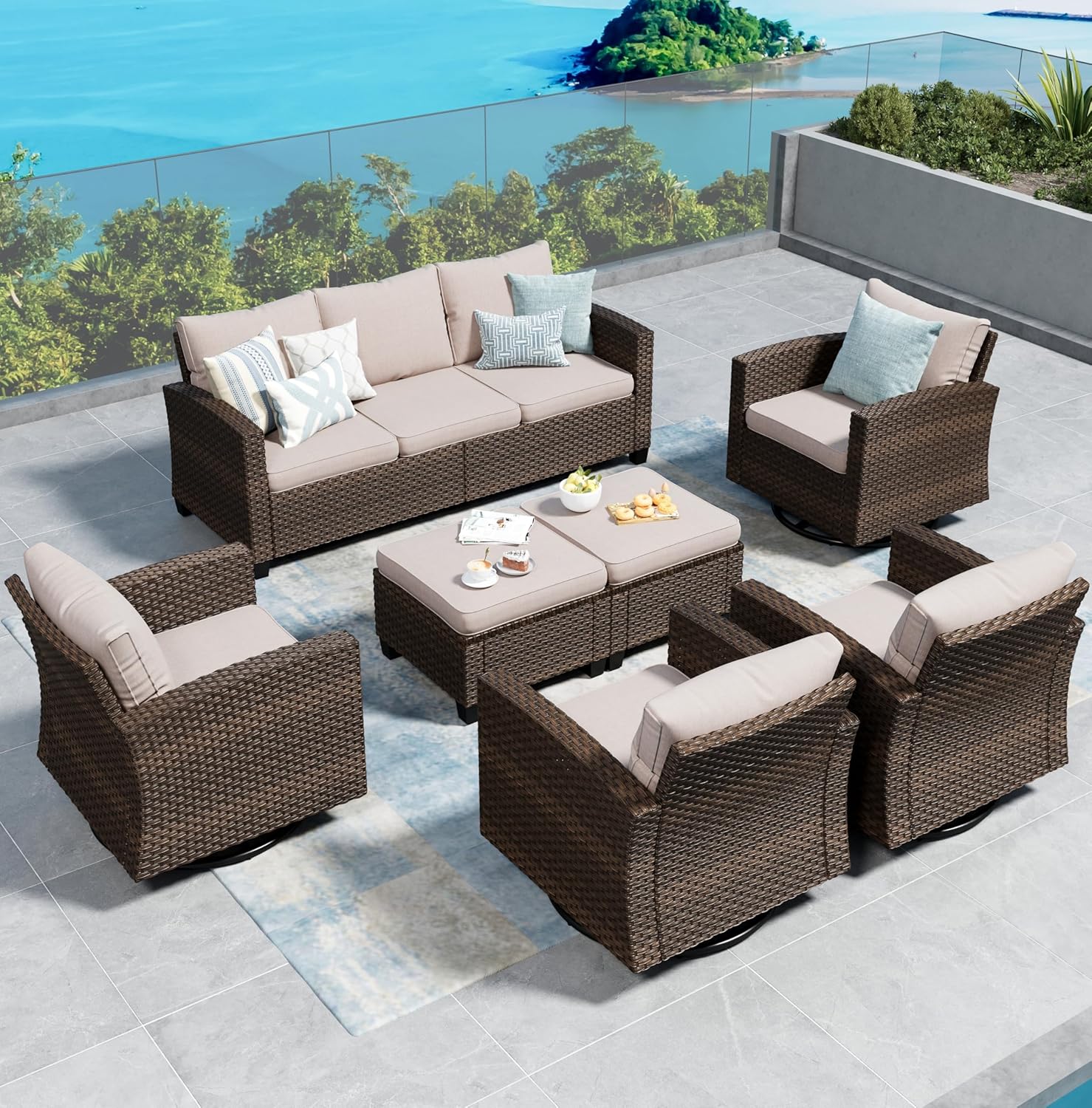 Swivel Glider Patio Furniture Set Outdoor Furniture Brown Wicker Rattan Patio Conversation Sets with Cushion Outside Sofa Set,5 Pieces with Rectangular Firepit Table,7 Seats,Beige