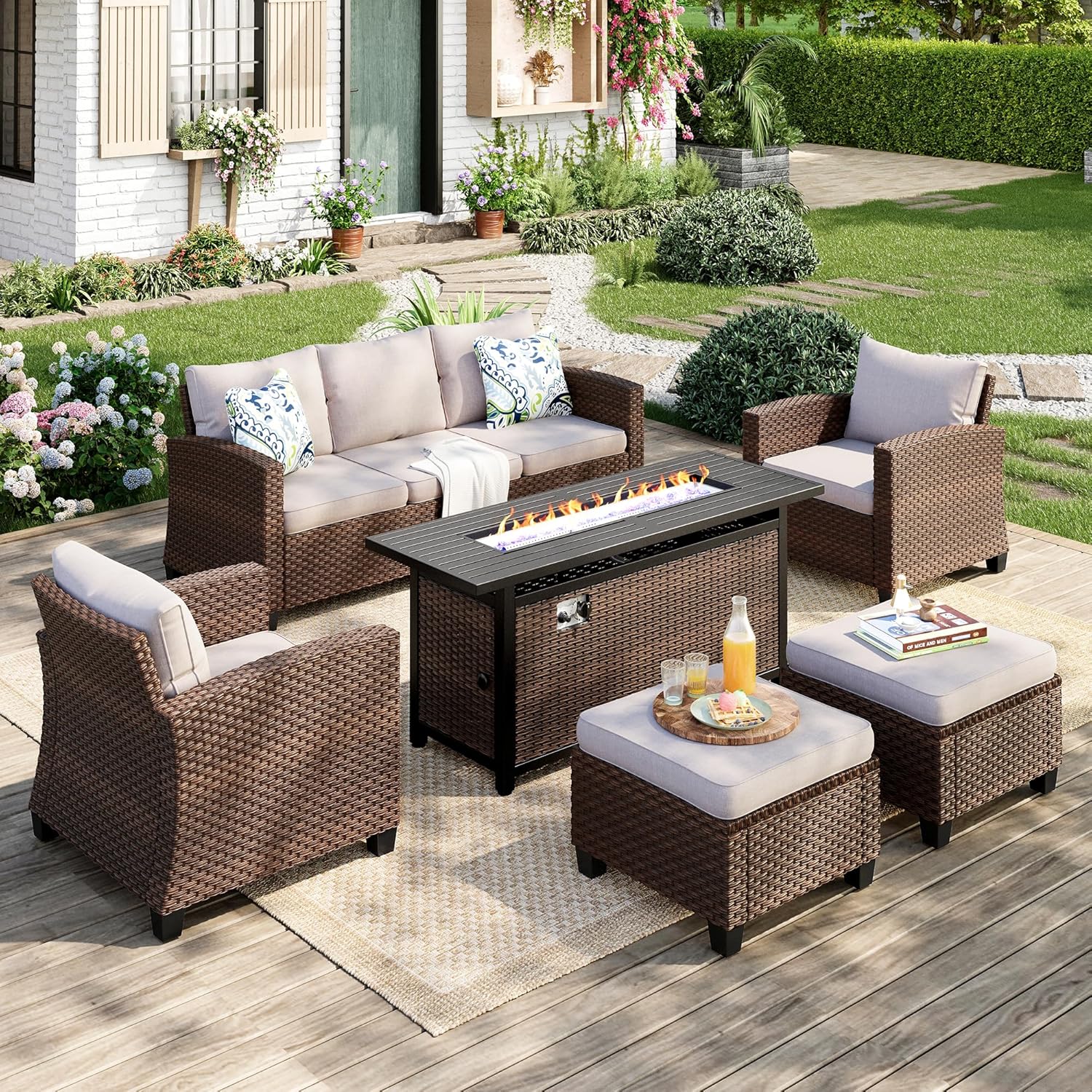 Patio Furniture Set, 8 Pcs Wicker Rattan Outdoor Conversation Set, 4 x Leg Chairs, 1 x 3 Seater Sofa and 2 x Ottoman with 4" Thick Cushion and 56" Fire Pit Table, Beige