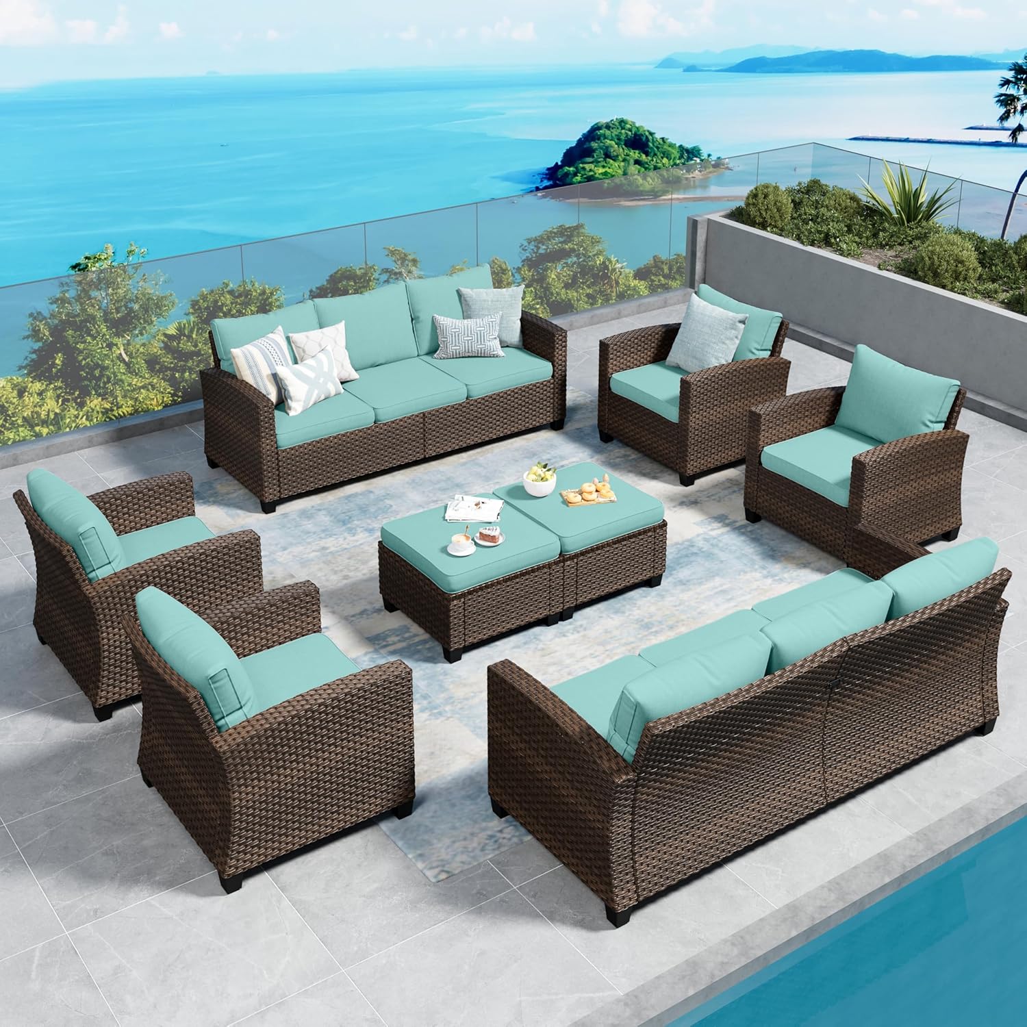 Swivel Glider Patio Furniture Set Outdoor Furniture Brown Wicker Rattan Patio Conversation Sets with Cushion Outside Sofa Set,5 Pieces with Rectangular Firepit Table,7 Seats,Beige