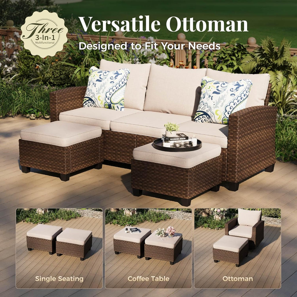 Patio Furniture Set, 8 Pcs Wicker Rattan Outdoor Conversation Set, 4 x Leg Chairs, 1 x 3 Seater Sofa and 2 x Ottoman with 4" Thick Cushion and 56" Fire Pit Table, Beige
