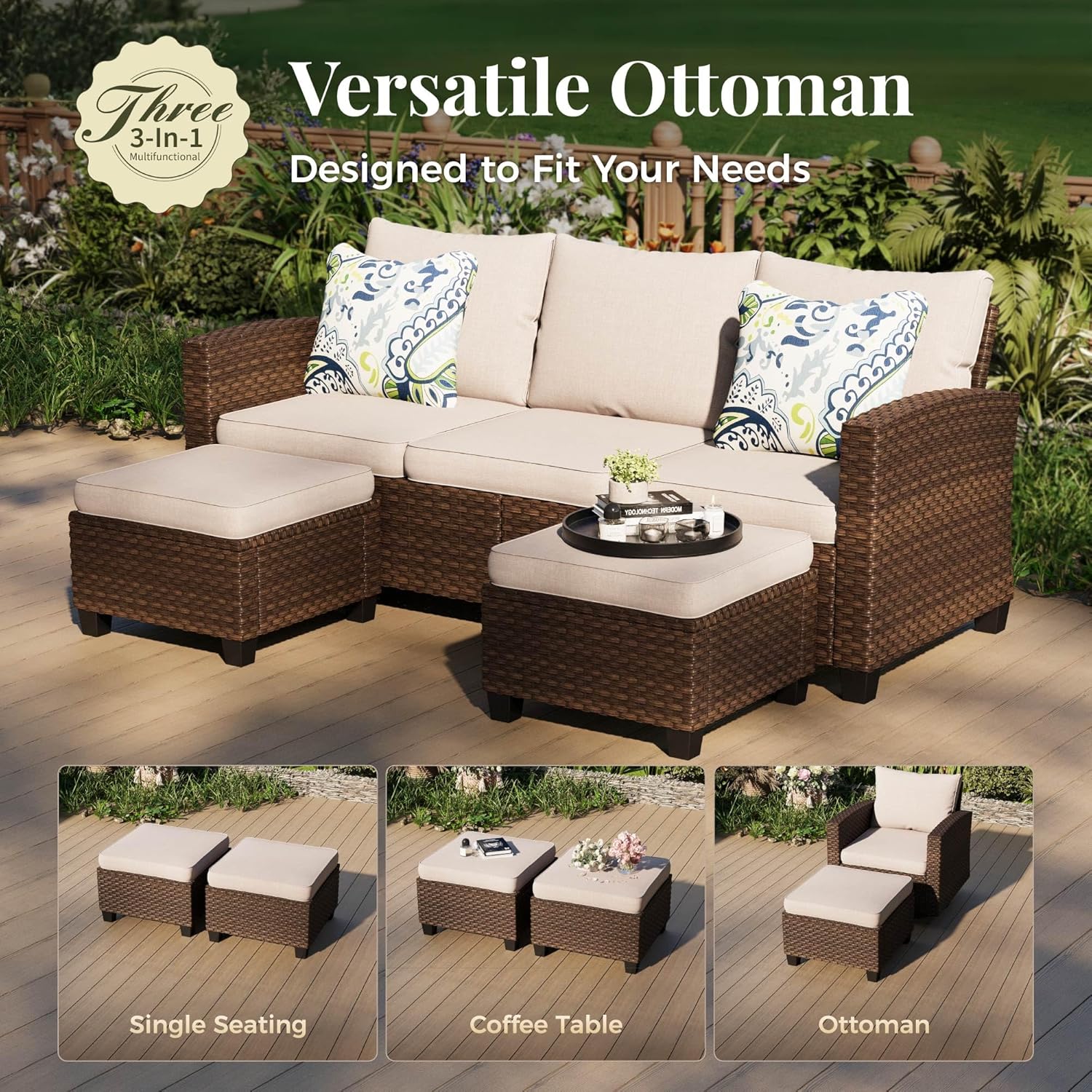 Patio Furniture Set, 8 Pcs Wicker Rattan Outdoor Conversation Set, 4 x Leg Chairs, 1 x 3 Seater Sofa and 2 x Ottoman with 4" Thick Cushion and 56" Fire Pit Table, Beige