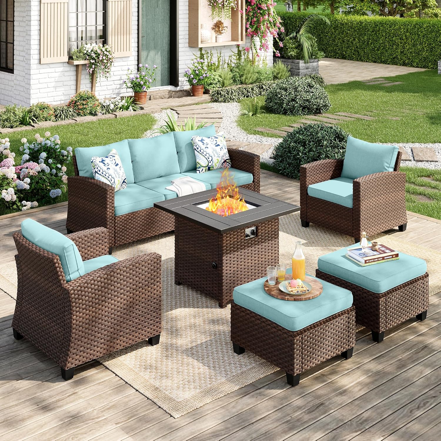Patio Furniture Set, 8 Pcs Wicker Rattan Outdoor Conversation Set, 4 x Leg Chairs, 1 x 3 Seater Sofa and 2 x Ottoman with 4" Thick Cushion and 56" Fire Pit Table, Beige