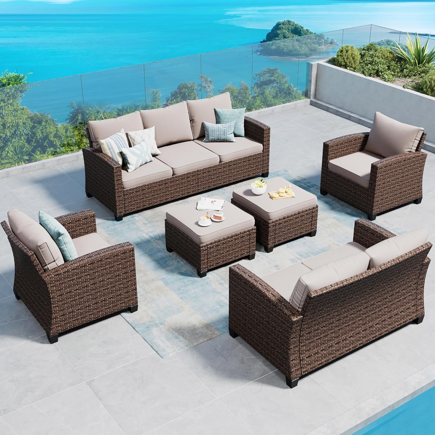Swivel Glider Patio Furniture Set Outdoor Furniture Brown Wicker Rattan Patio Conversation Sets with Cushion Outside Sofa Set,5 Pieces with Rectangular Firepit Table,7 Seats,Beige
