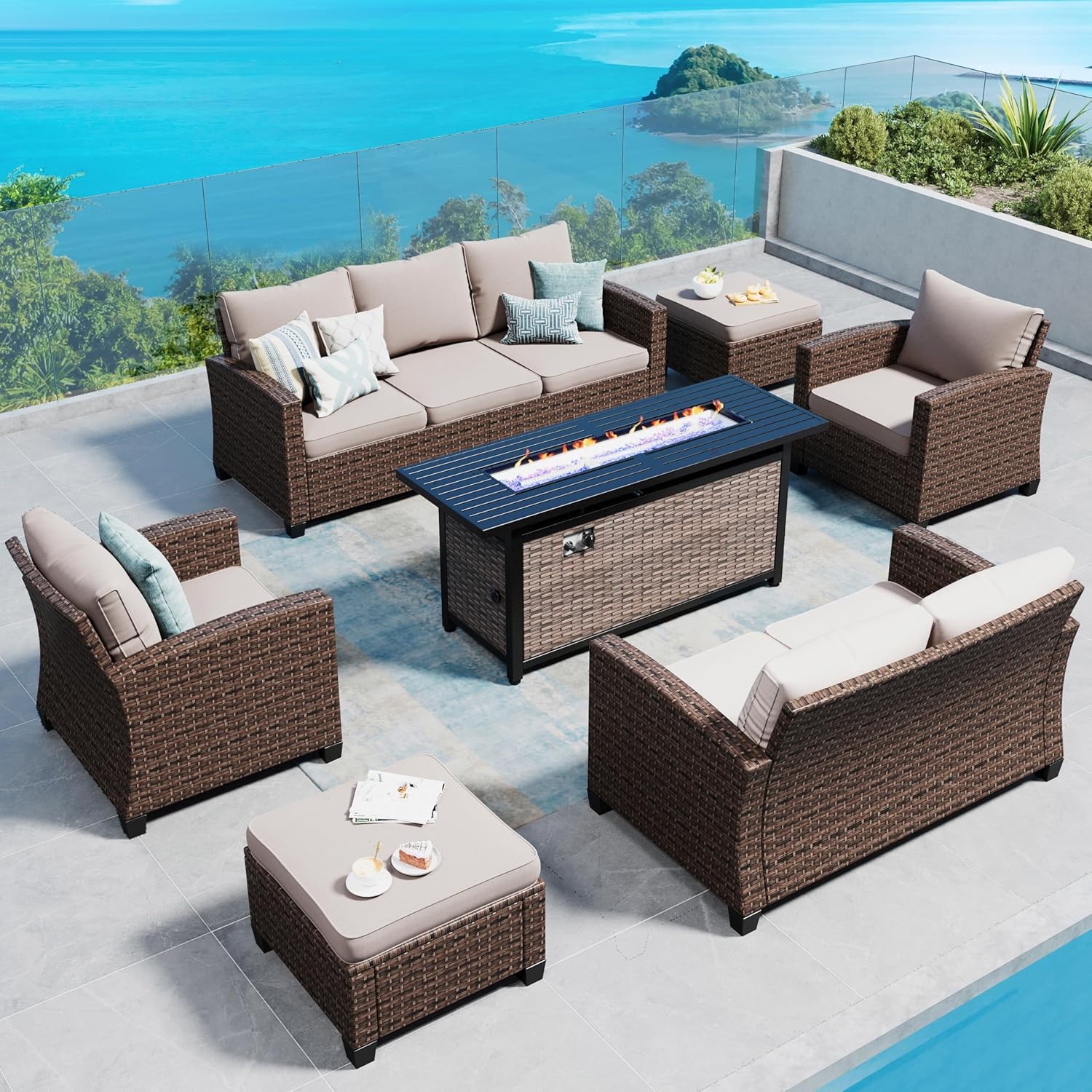 Swivel Glider Patio Furniture Set Outdoor Furniture Brown Wicker Rattan Patio Conversation Sets with Cushion Outside Sofa Set,5 Pieces with Rectangular Firepit Table,7 Seats,Beige