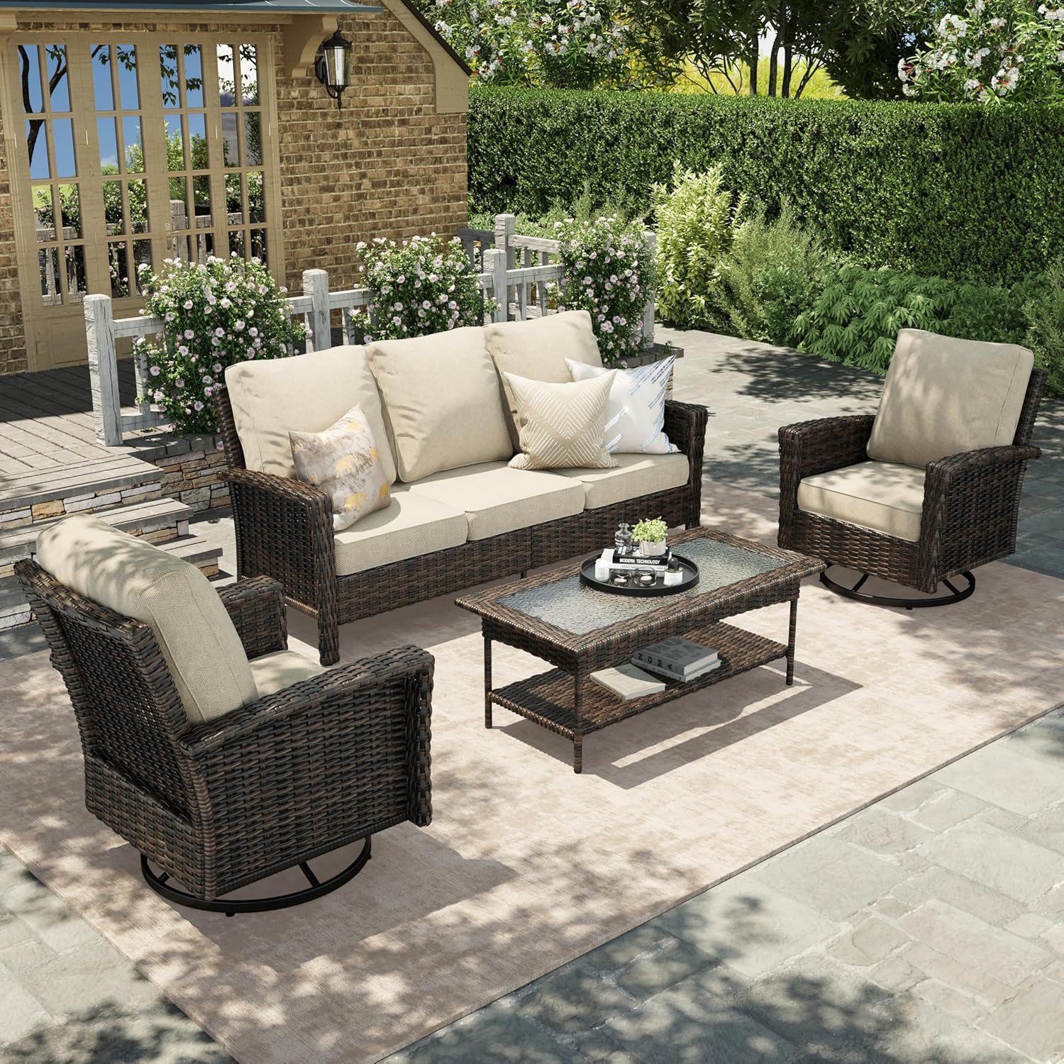 HERA'S HOUSE Patio Furniture Set with Swivel Chairs, High Back Outdoor Wicker Furniture with 5.5" Thick Cushions, Outside Conversation Sofa Sets for Backyard Deck Lawn, Beige